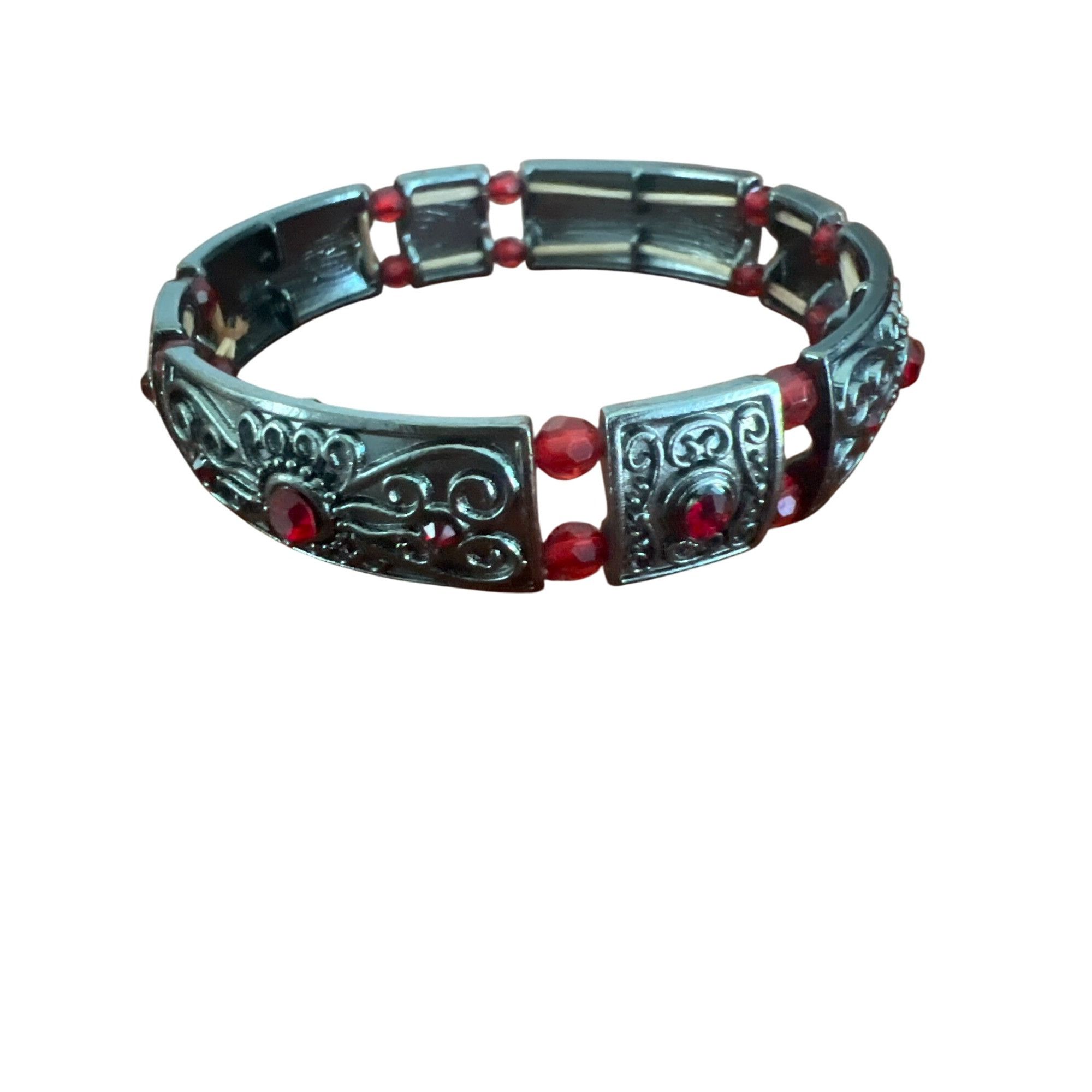 Other Vintage Gunmetal Panel Stretch Bracelet Red Cabochon Beads . Size ONE SIZE - 2 Thumbnail