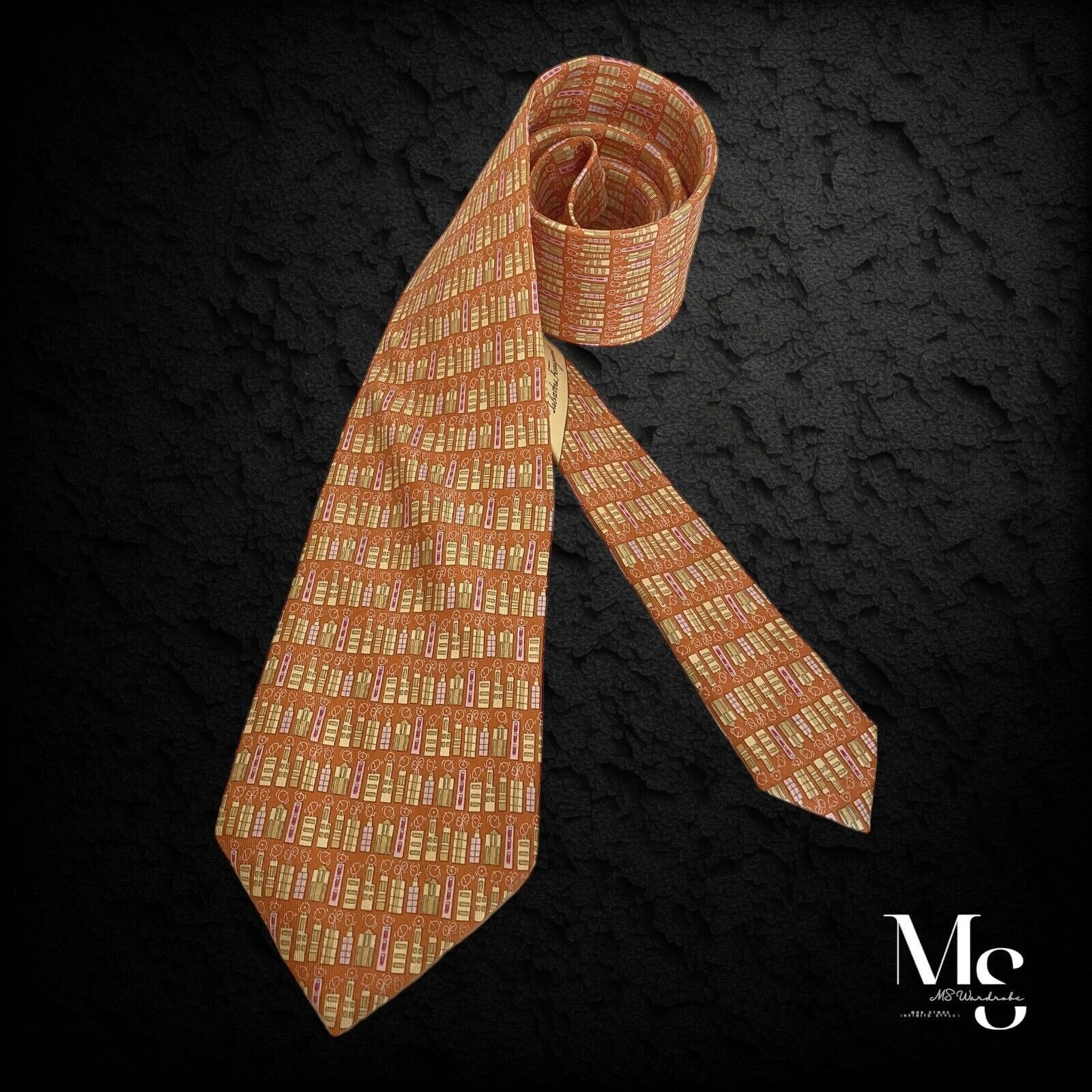 Salvatore Ferragamo SALVATORE FERRAGAMO Orange Building Luxury Silk Tie Made In Size ONE SIZE - 1 Thumbnail