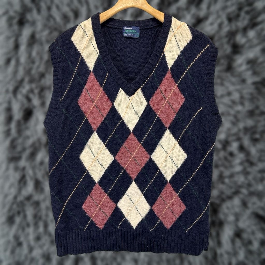 Arrow VINTAGE Arrow Argyle Sweater Vest XL Mens Navy Sleeveless 80s Academia V-Neck Knitt Shirt? Size US XL / EU 56 / 4 - 1 Thumbnail