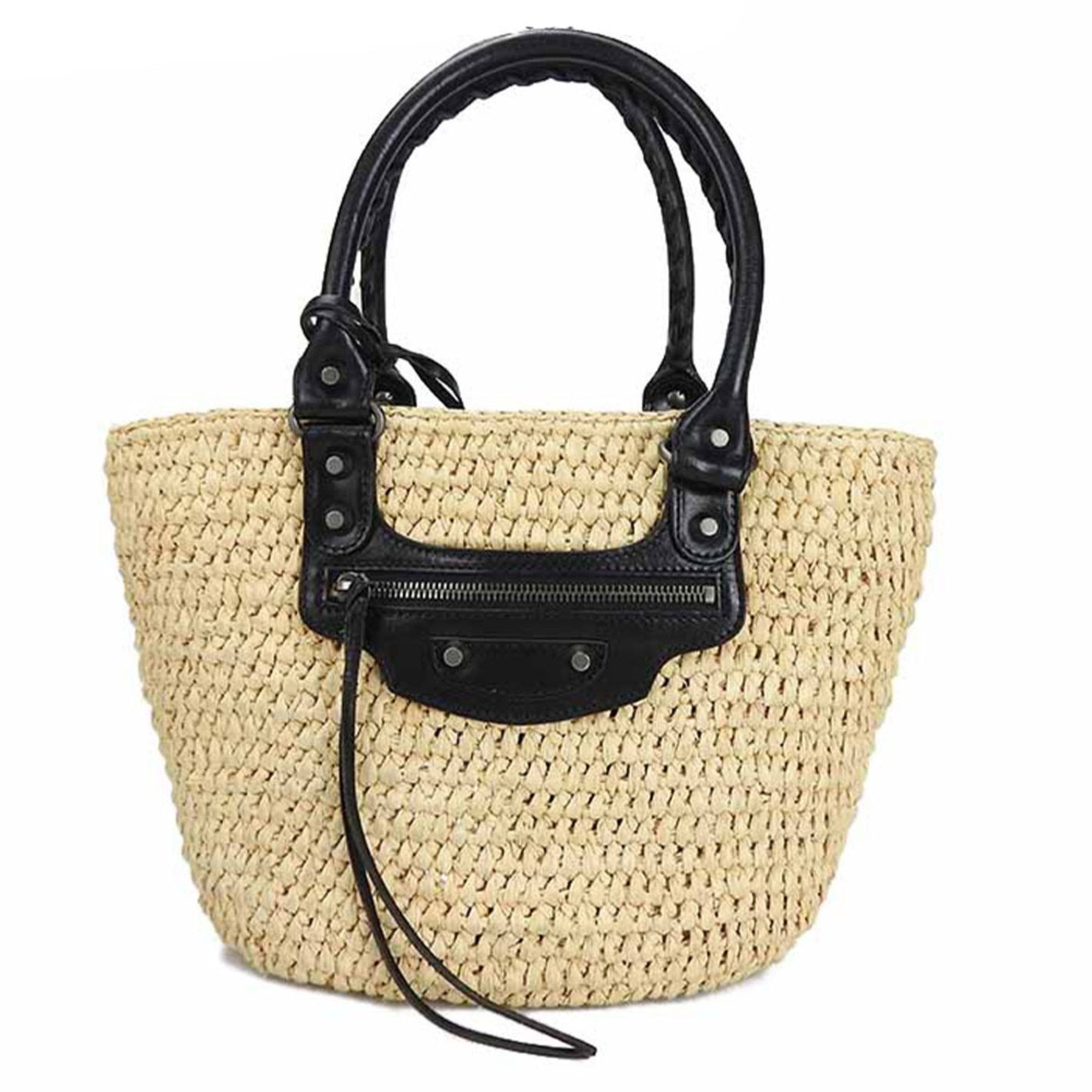 image of Balenciaga Handbag Raffia Pannier Xs Balenciaga 466498 Leather Natural Black Black Women's Hand Bag