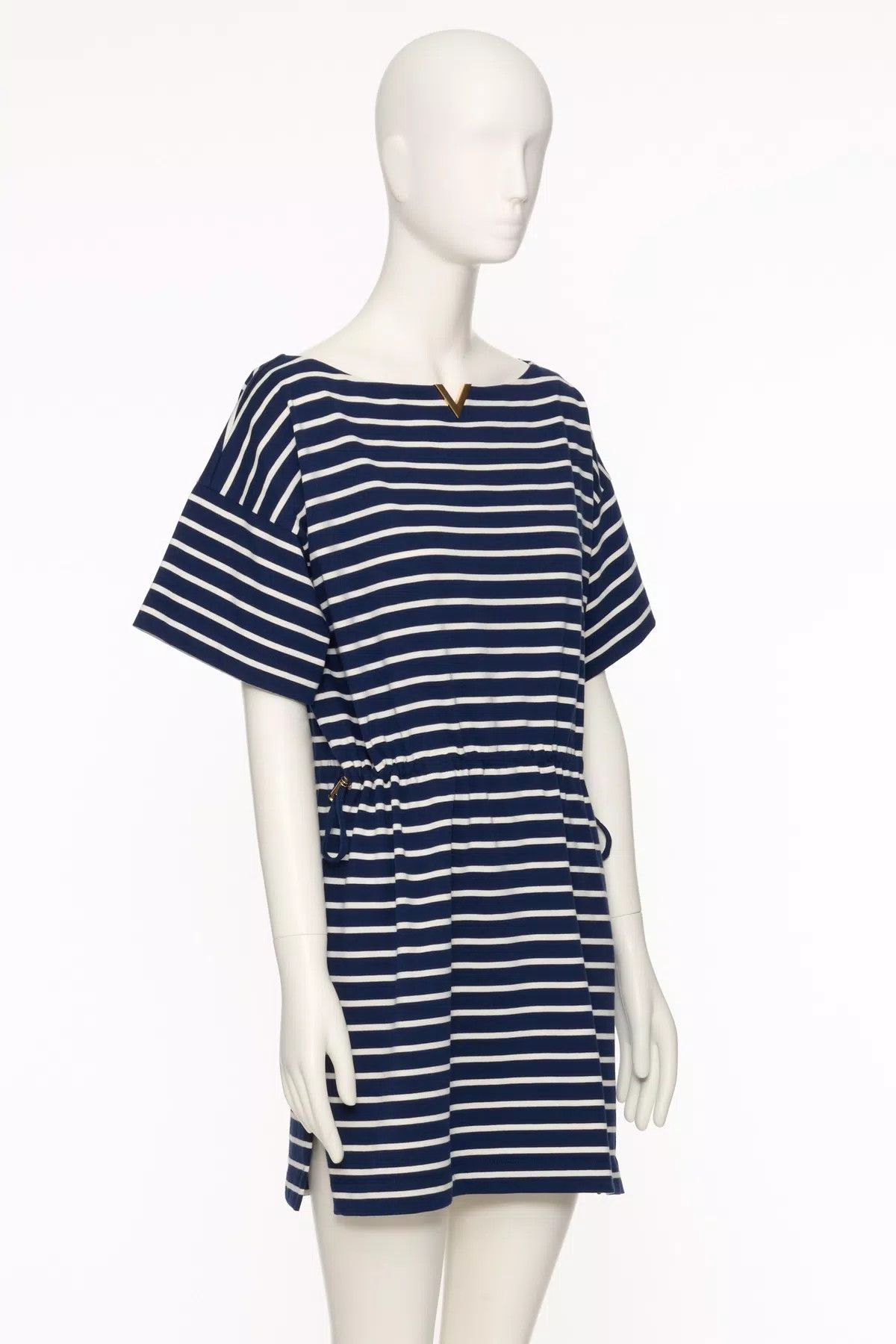 Valentino o1s1wg110625 Striped Cotton Jersey Mini Dress in Navy Blue Size L / US 10 / IT 46 - 2 Thumbnail