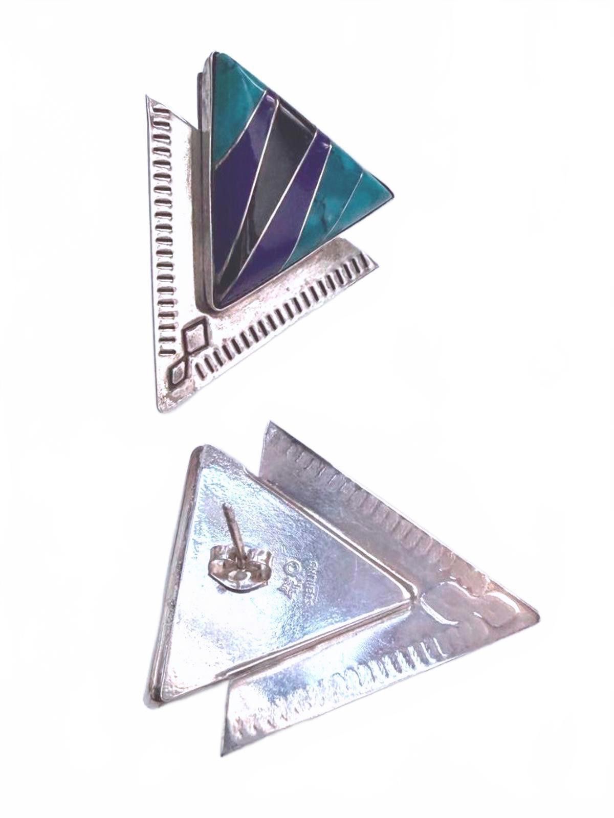 Other Sterling Inlay Triangle Earrings Lapis Turquoise SW Size ONE SIZE - 3 Thumbnail