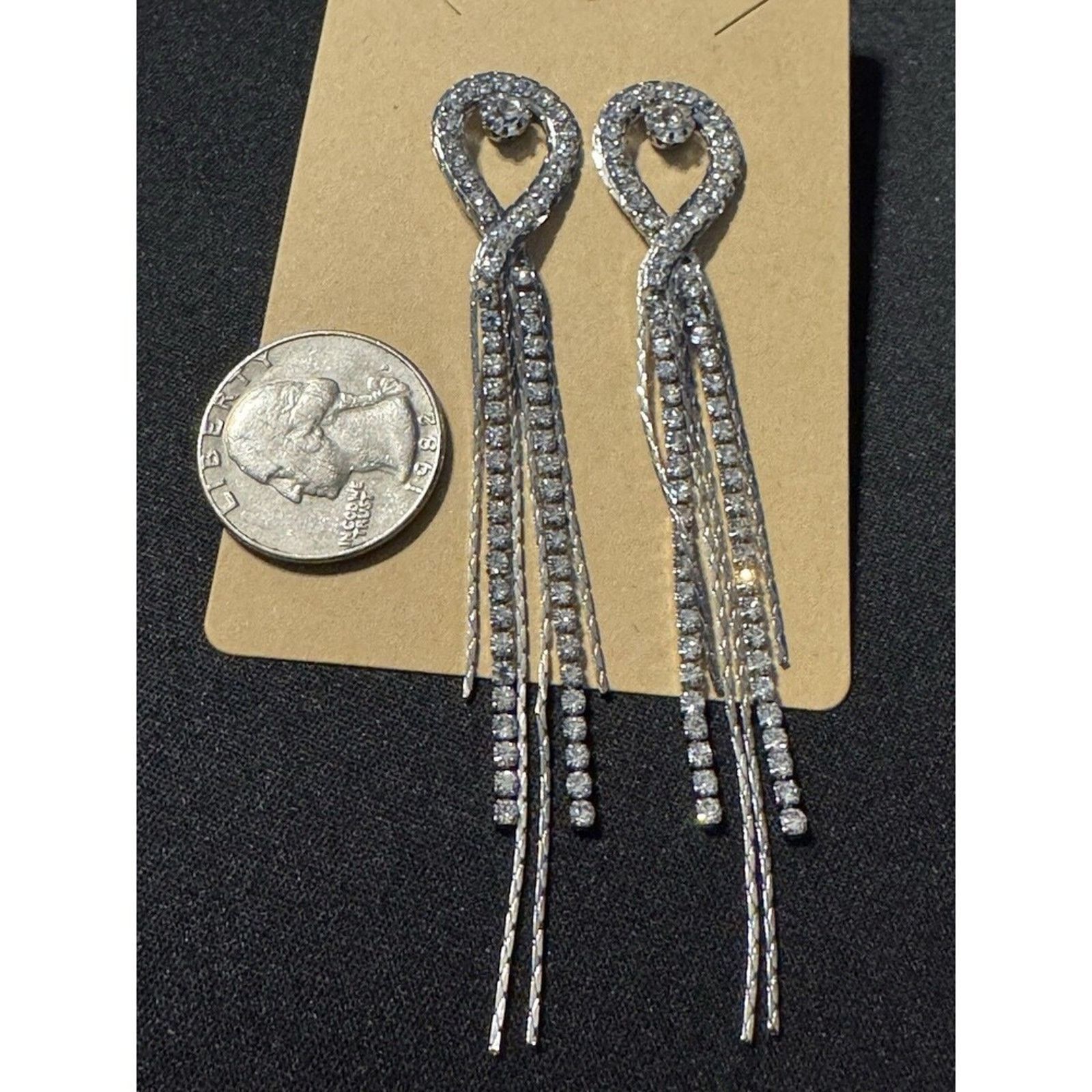 Other Rhinestone Costume Earrings Long Dangle Silver Tone Size ONE SIZE - 3 Thumbnail