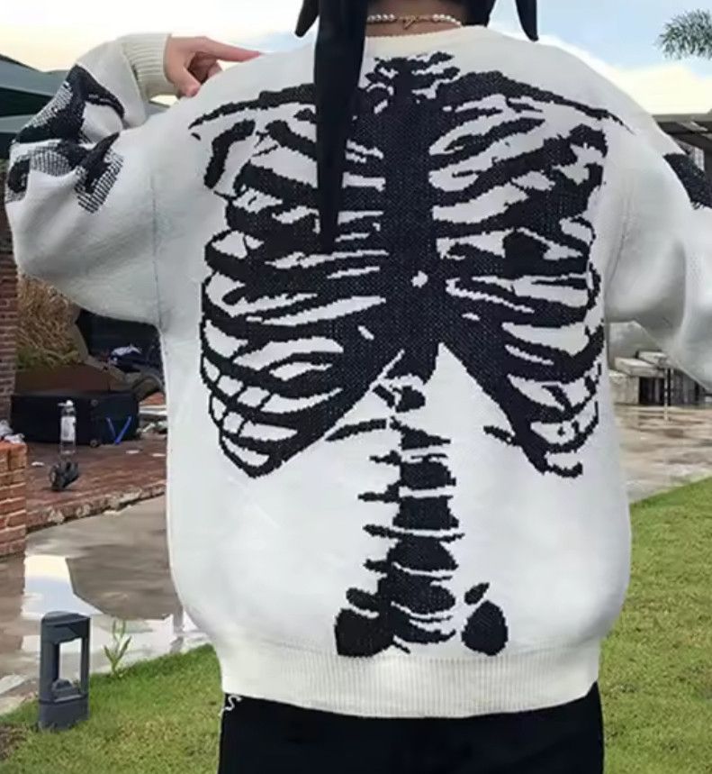 Japanese Brand Street Retro Bone Skeleton Sweater Jacquard Knit Sweatshirt Size US XL / EU 56 / 4 - 2 Thumbnail