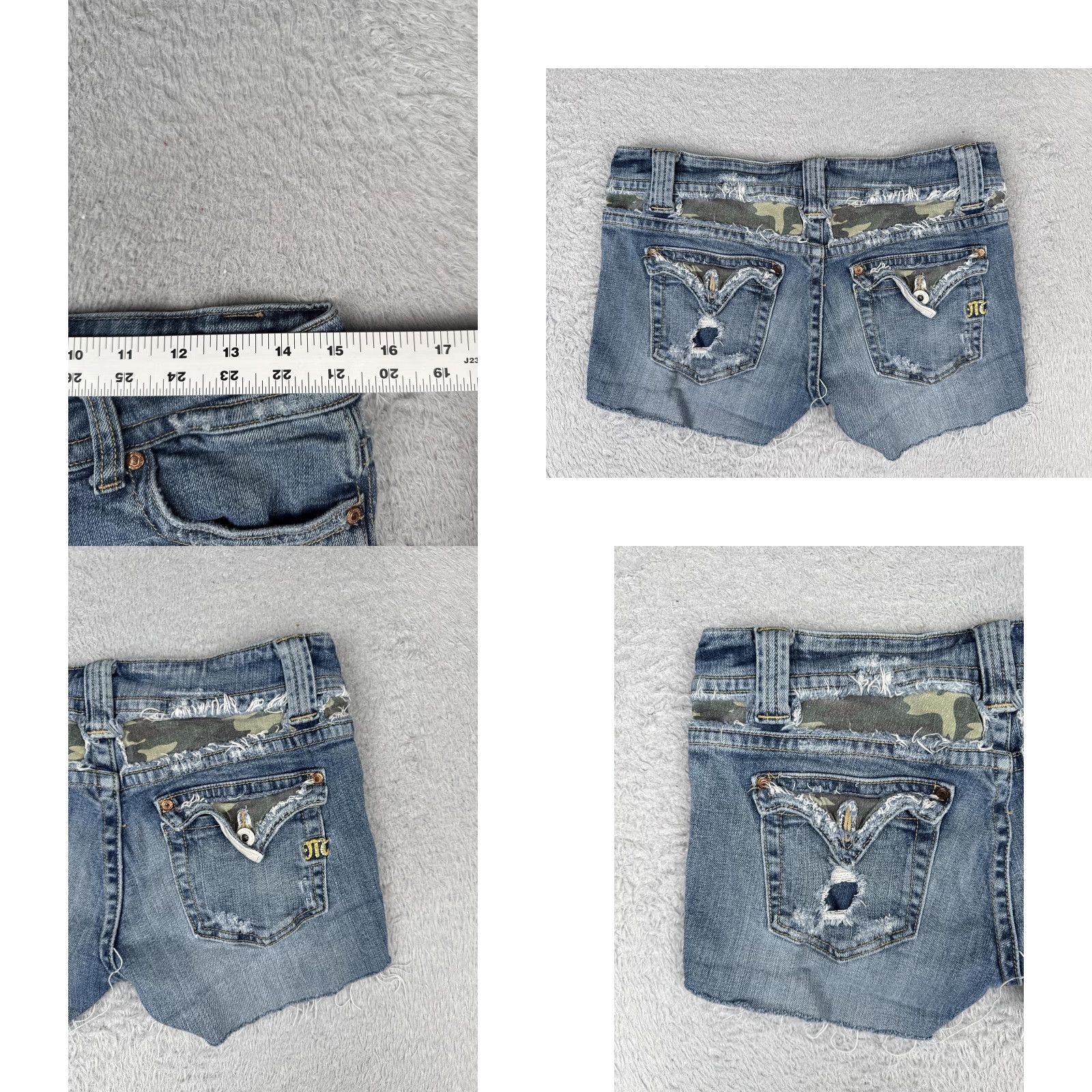 Miss Me Miss Me Shorts Womens Blue Denim Distressed Cut-Off Frayed Camo Embellished 29 Regular Pockets 5-Pocket Logo Hardware Embroidery Low Rise Inseam 3in Size 29" - 9 Thumbnail