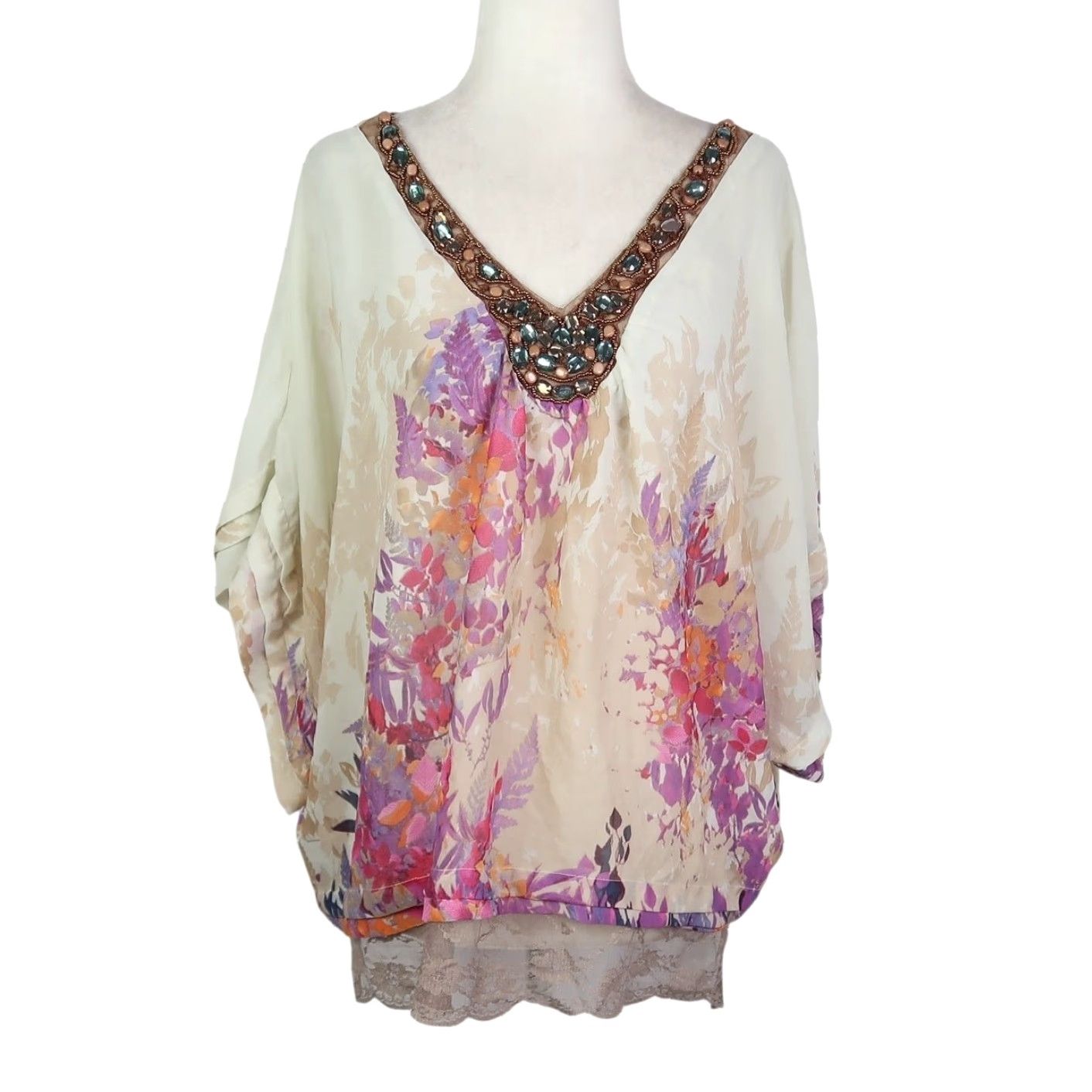 Vintage VINTAGE NY Collection Batwing Top Dolman Sleeve Beaded Rhinestone Jewel Trim Cream Floral L Size L / US 10 / IT 46 - 2 Thumbnail