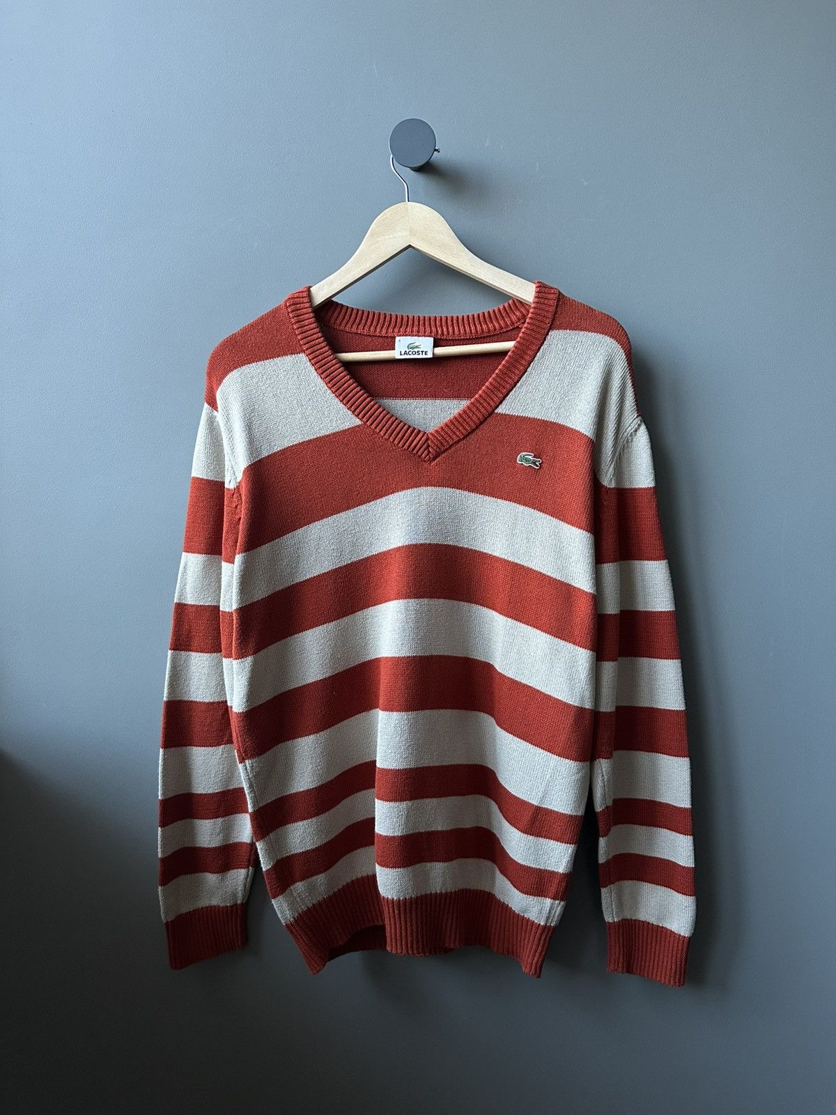 Lacoste Lacoste V-Neck Stripped Cotton Sweater Size 4 Size US L / EU 52-54 / 3 - 1 Thumbnail