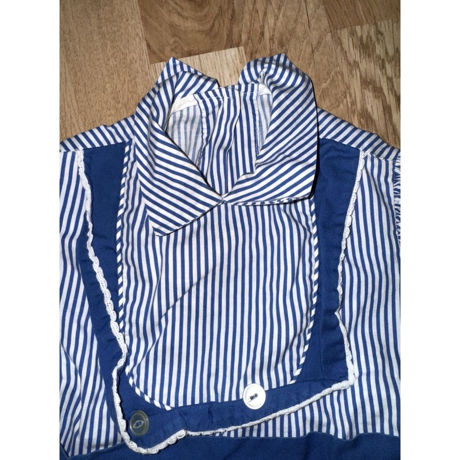 Vintage VINTAGE Girls Dress Blue White Ruffle 3T Chain Stitching 1960s Size ONE SIZE - 2 Thumbnail