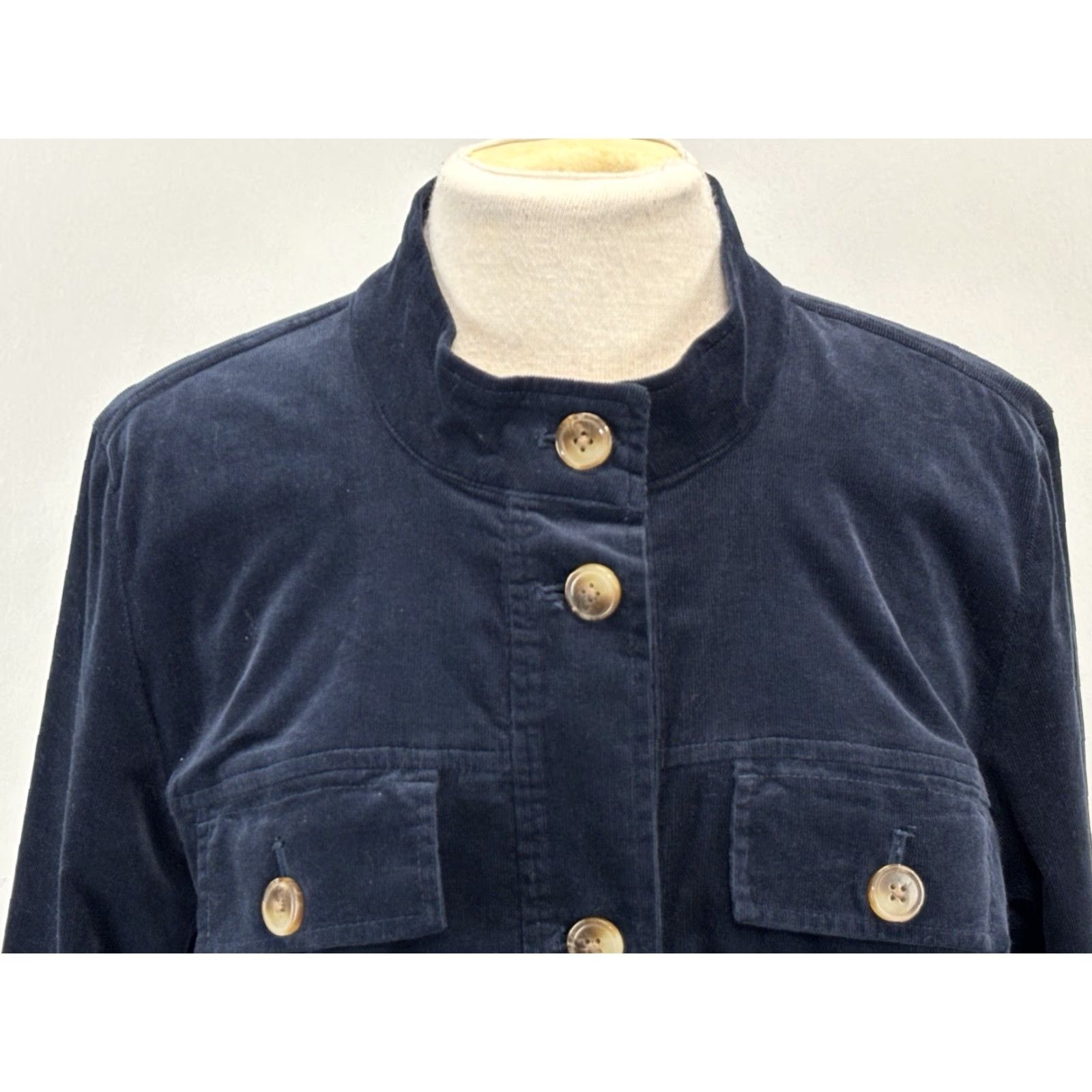 J. Jill J. Jill Jacket Women M Tall Navy Blue Corduroy Blazer Peplum Ruffle Button Long Sleeve Cotton Blend Solid Size 32" / US 10 / IT 46 - 5 Thumbnail