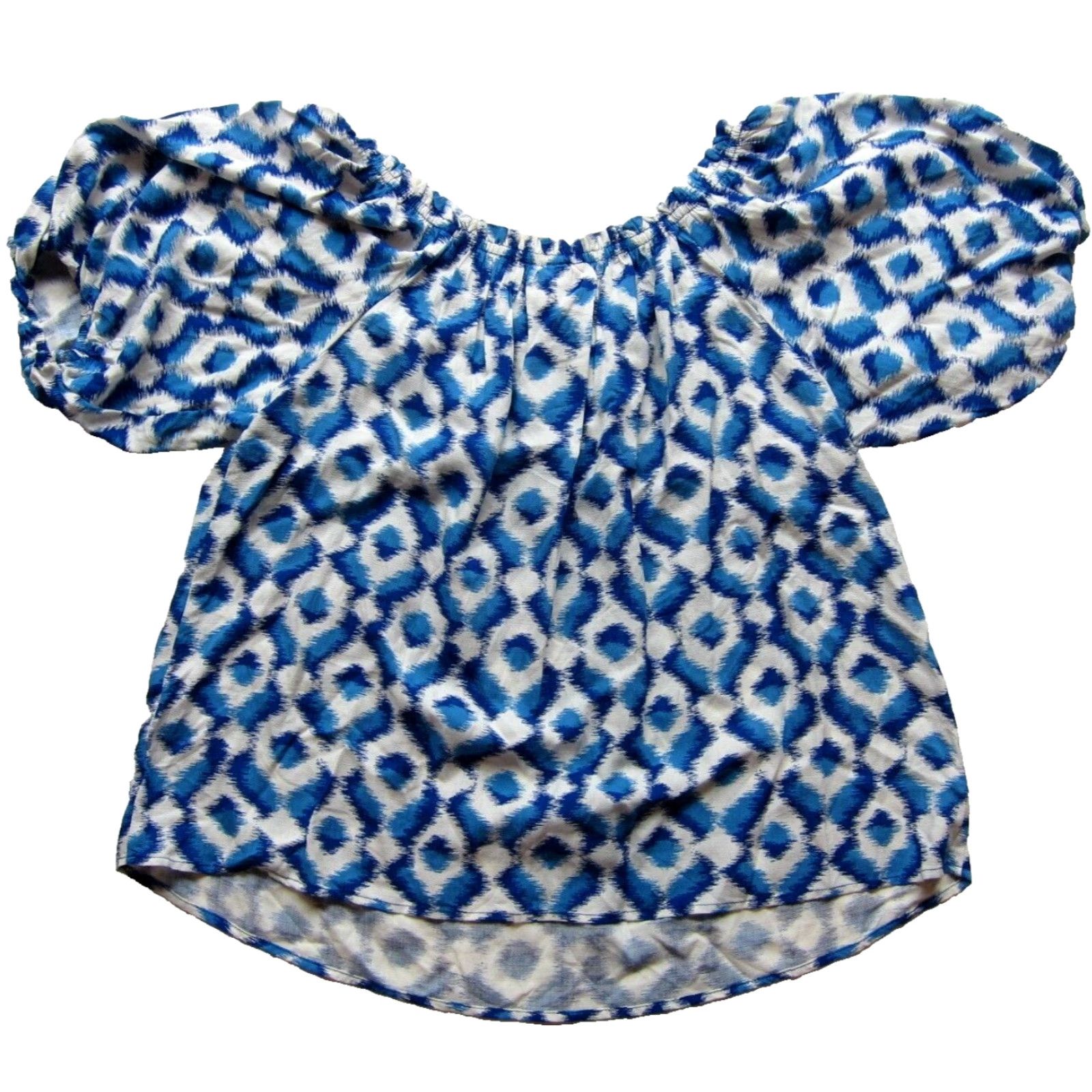 Vintage NWT Knox Rose Blue White Geometric 100% Rayon Puff Sleeve Smock Tunic Blouse XS Size XS / US 0-2 / IT 36-38 - 2 Thumbnail