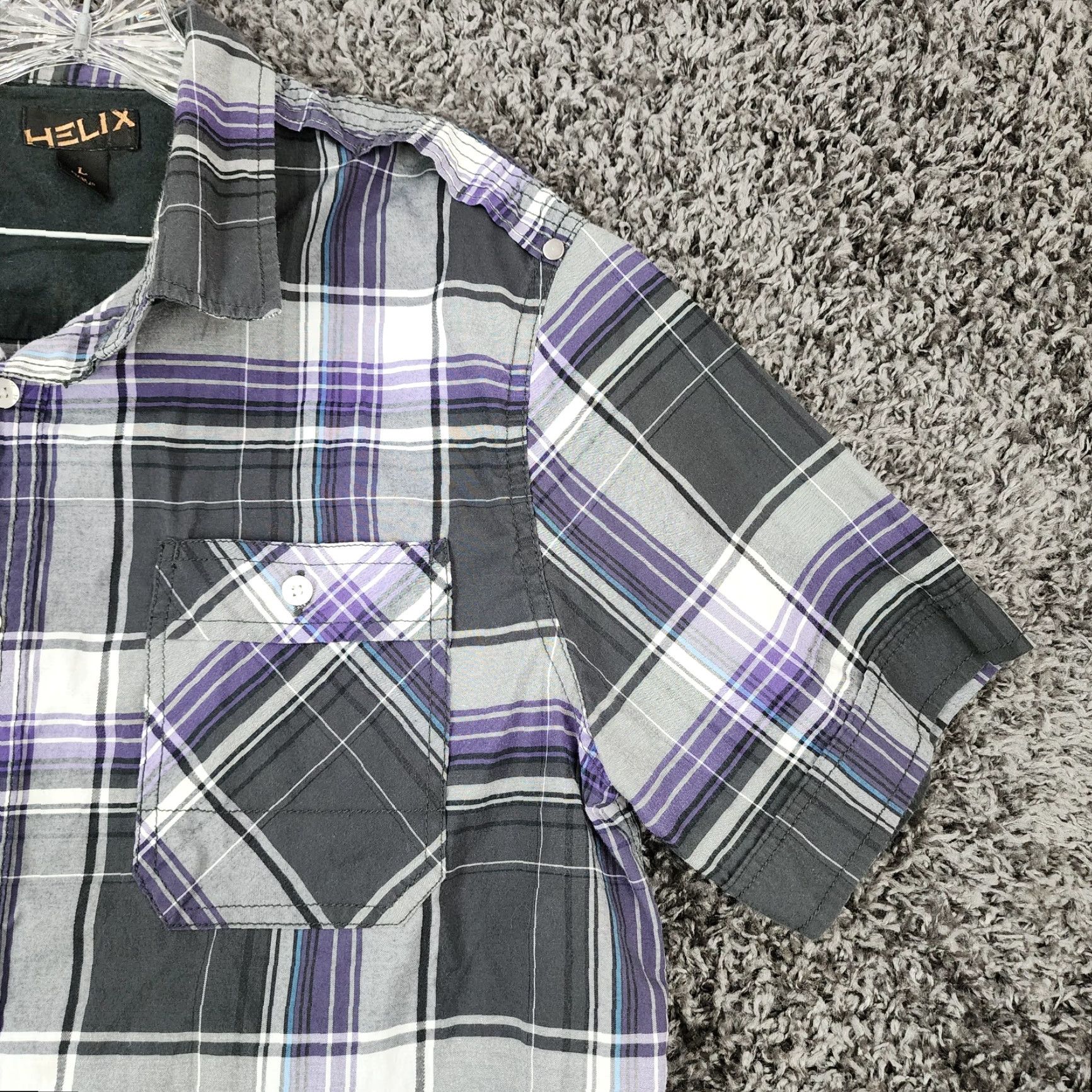 Vintage Helix Mens Plaid Short Sleeve Button Up Shirt Large Black Purple Size US 33 - 3 Thumbnail