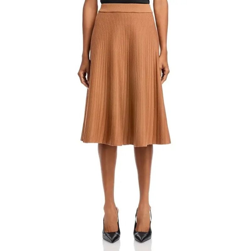 The Unbranded Brand Nancy Yang Women Brown Ribbed Knit A-line Midi Skirt Size L Size 34" / US 12 / IT 48 - 3 Thumbnail