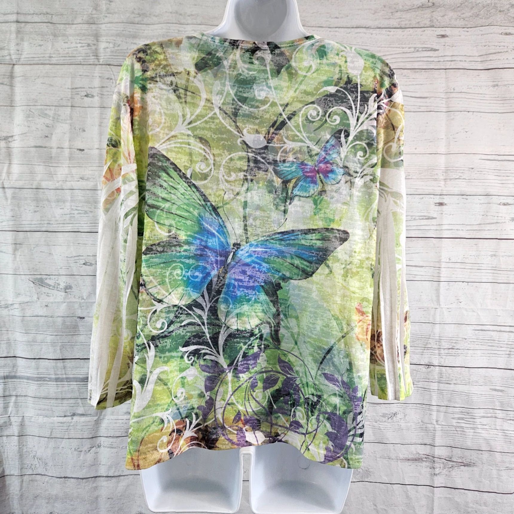 Vintage Jess & Jane Womens Burnout Top Sz Large Green Blue Butterfly Embellished T-Shirt 3/4 Sleeve Womens Size L / US 10 / IT 46 - 4 Thumbnail