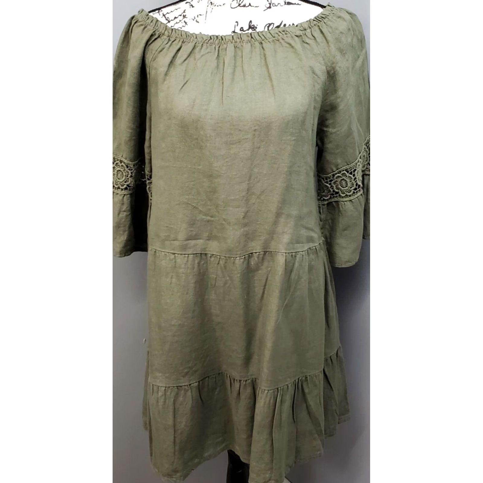 Vintage Terzo Millennio Dress Womens S Green Crochet Lace Trim Tiered Boat Neck Midi Sleeve 3/4 Vintage? No Size S / US 4 / IT 40 - 2 Thumbnail