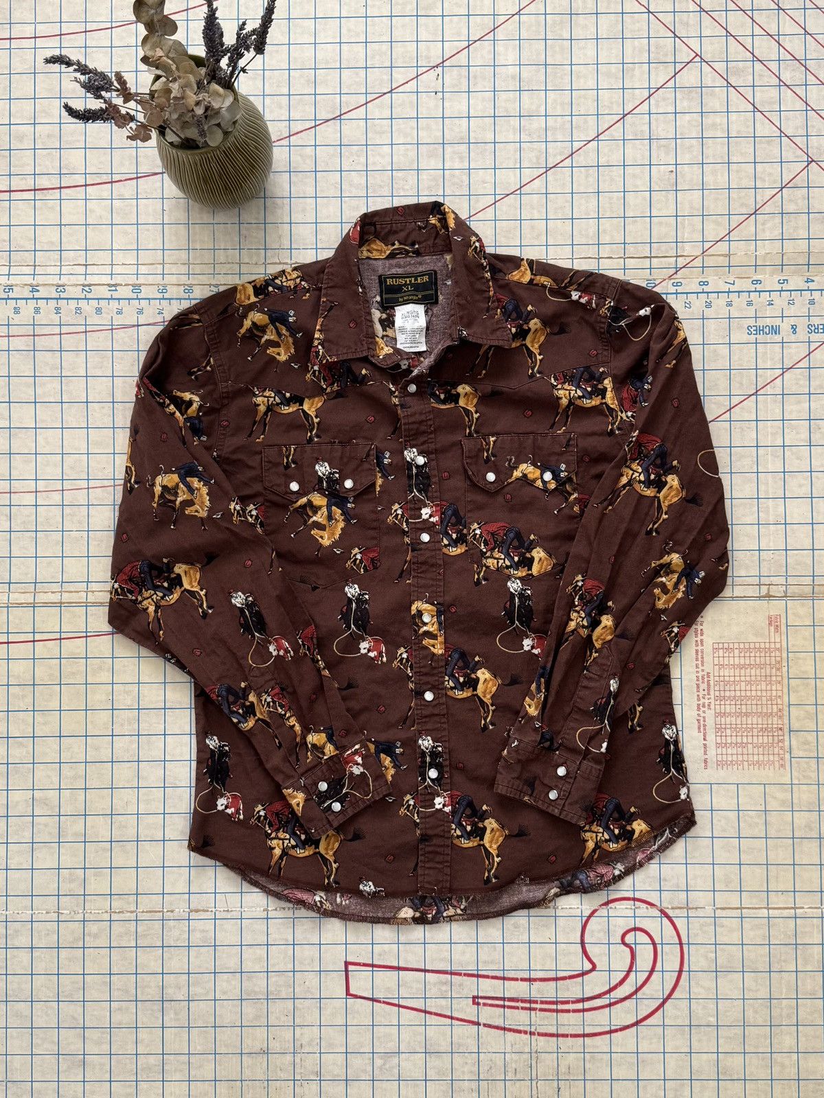 Rustler × Vintage × Wrangler Vintage Rustler by Wrangler Pearl Snap Button Up Brown Size S / US 4 / IT 40 - 6 Thumbnail