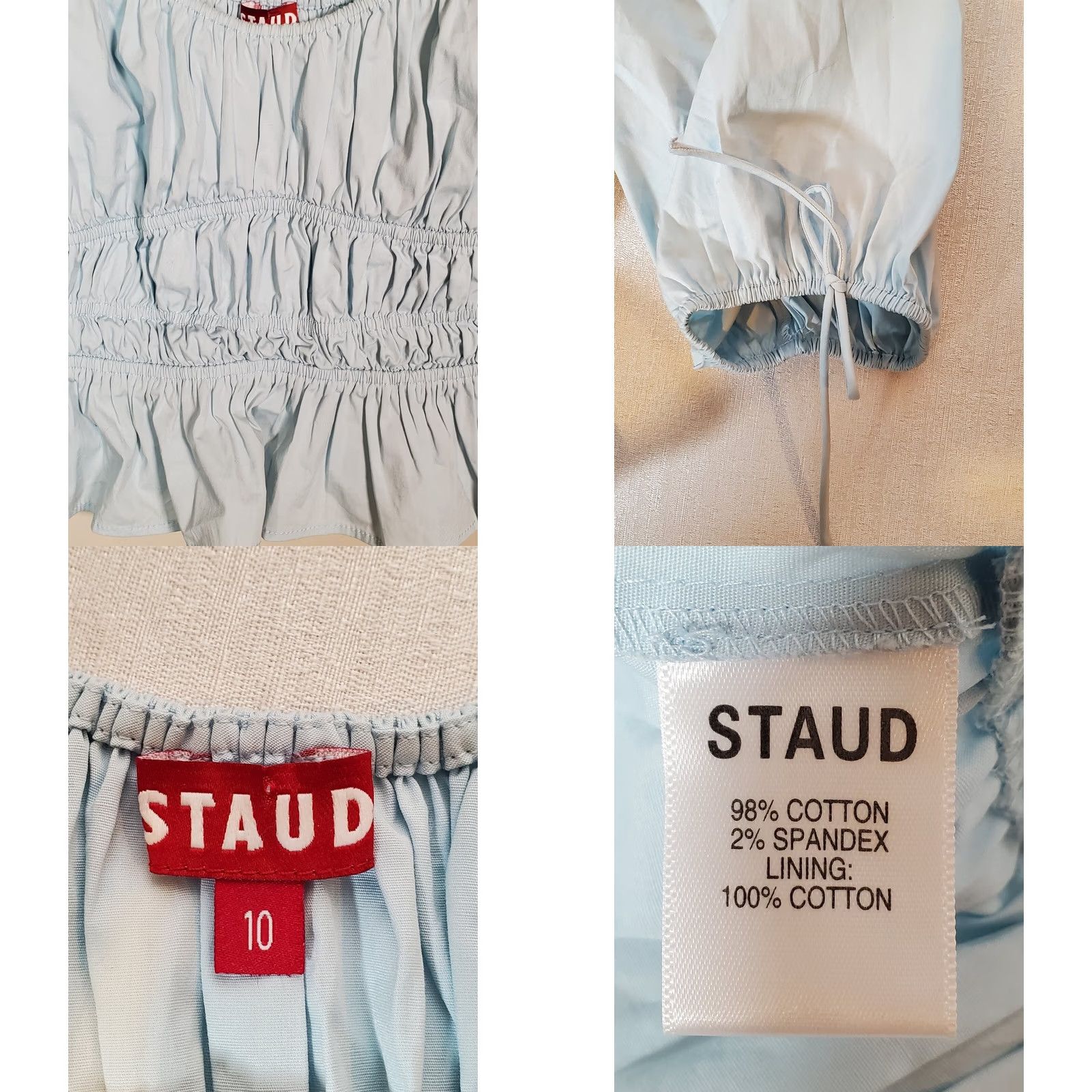 Staud STAUD Faye Smocked Ruffle Blouse Cotton Blend Winter Sky Blue Women's 10 (M) Regular Puff Sleeve Cropped Square Neck Blouse Size L / US 10 / IT 46 - 8 Thumbnail