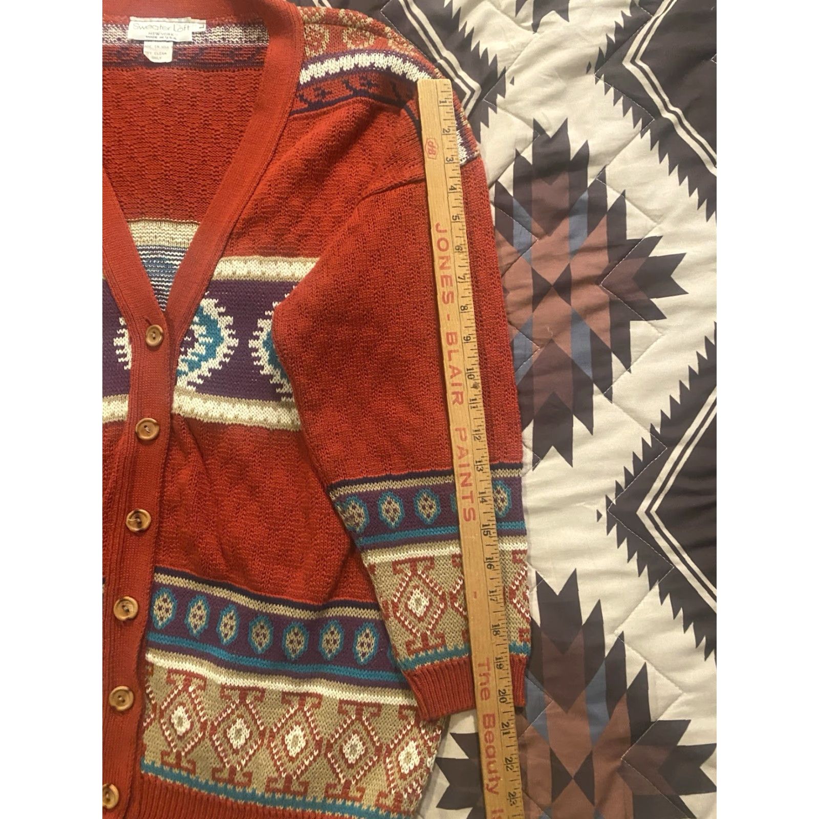 Loft VINTAGE Sweater Loft Knit Cardigan Aztec 100% Cotton Women’s Large Made In USA Size L / US 10 / IT 46 - 7 Thumbnail