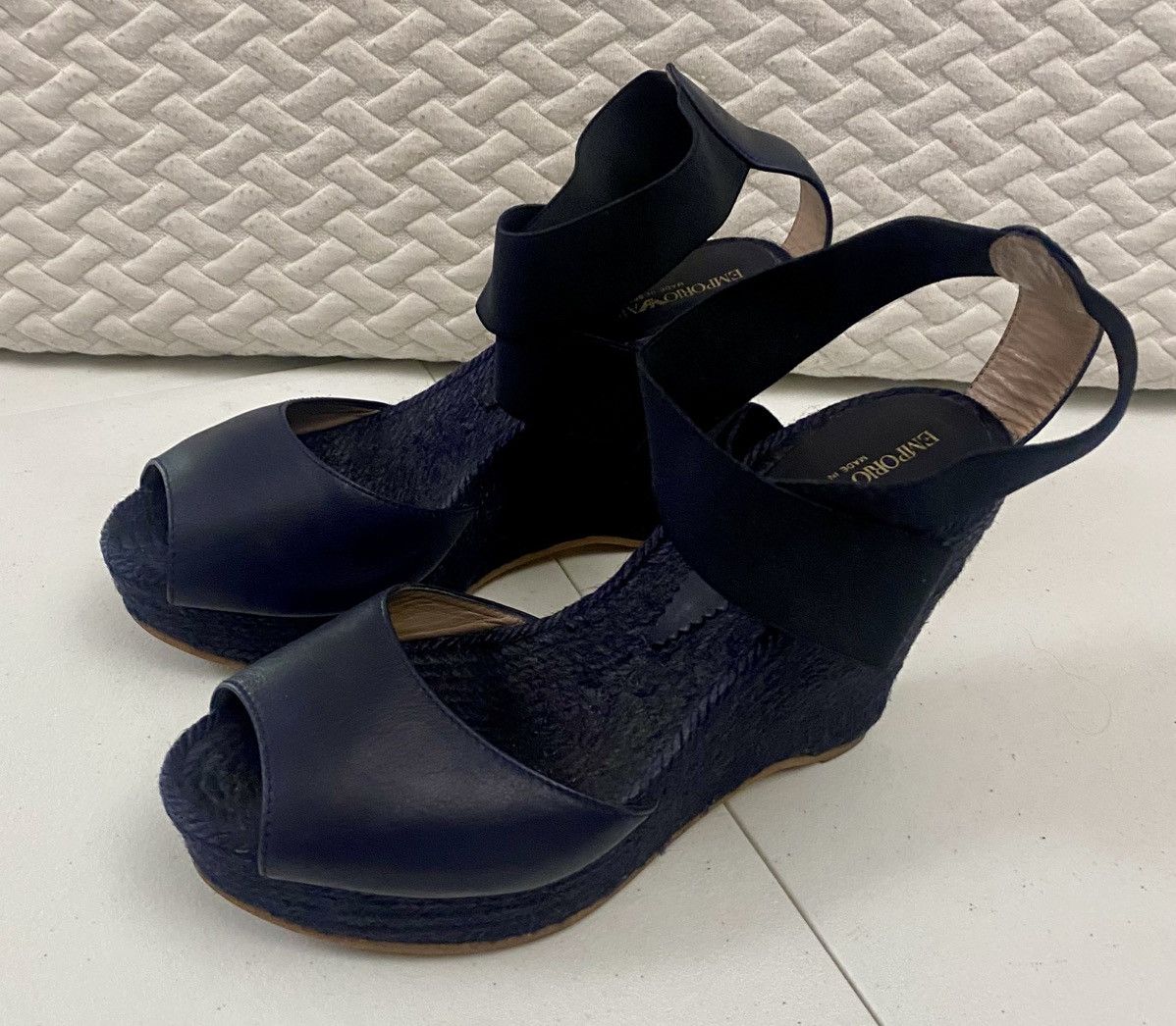 Emporio Armani Emporio Armani 🇪🇸 Navy Leather Espadrille Wedge Sandals 9.5 Size US 9.5 / IT 39.5 - 3 Thumbnail