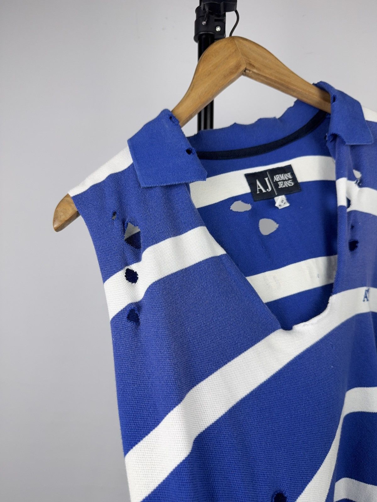 Armani Vintage 90s Armani Jeans Distressed Striped Polo Vest Y2K Size US L / EU 52-54 / 3 - 3 Thumbnail
