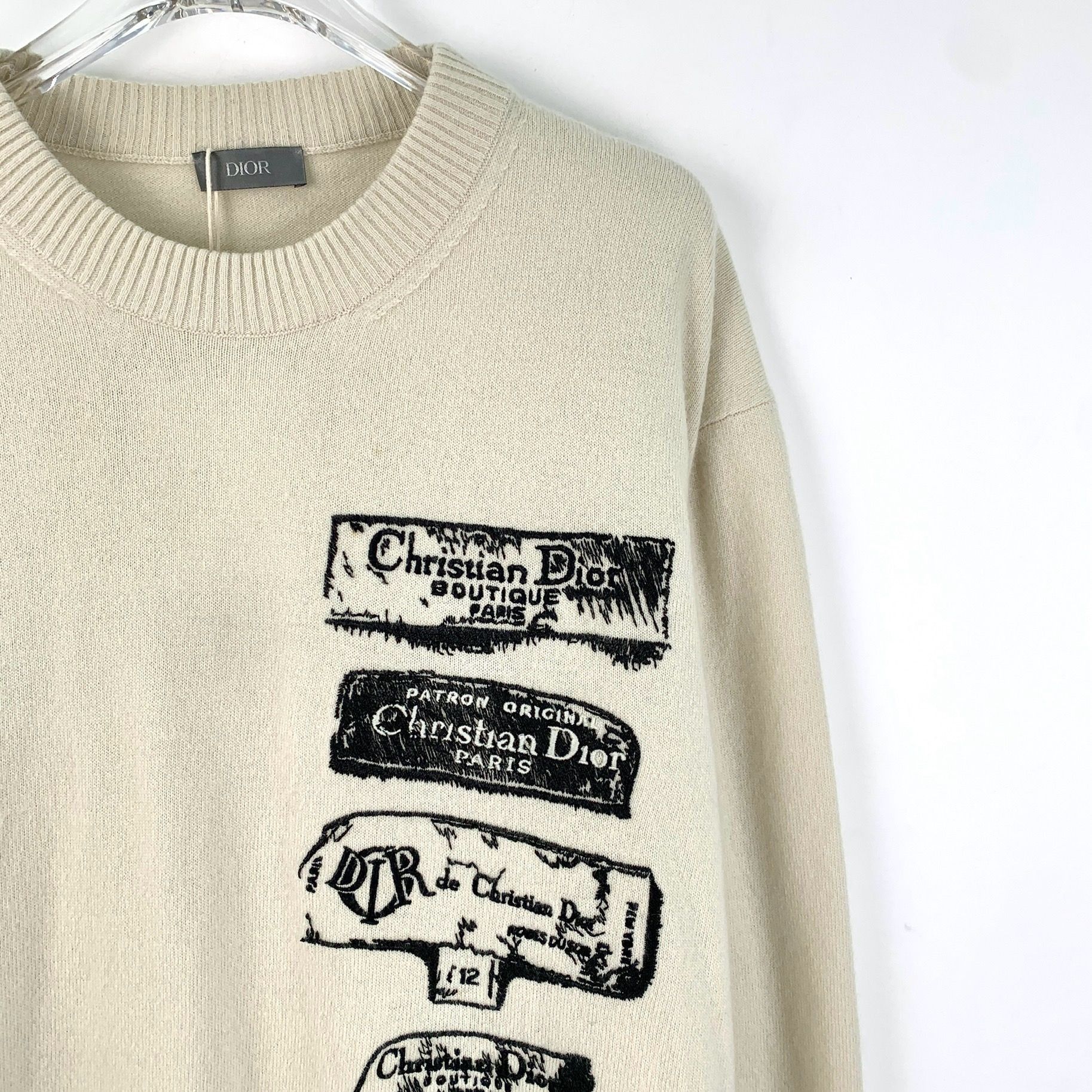 Dior CHRISTIAN DIOR Logo Label Print Beige Wool Crewneck Sweater Size US L / EU 52-54 / 3 - 6 Thumbnail