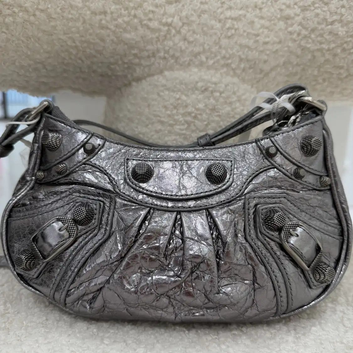 Balenciaga BALENCIAGA Le Cagole mini silver sheepskin stud crossbody bag distressed silver Size ONE SIZE - 1 Thumbnail