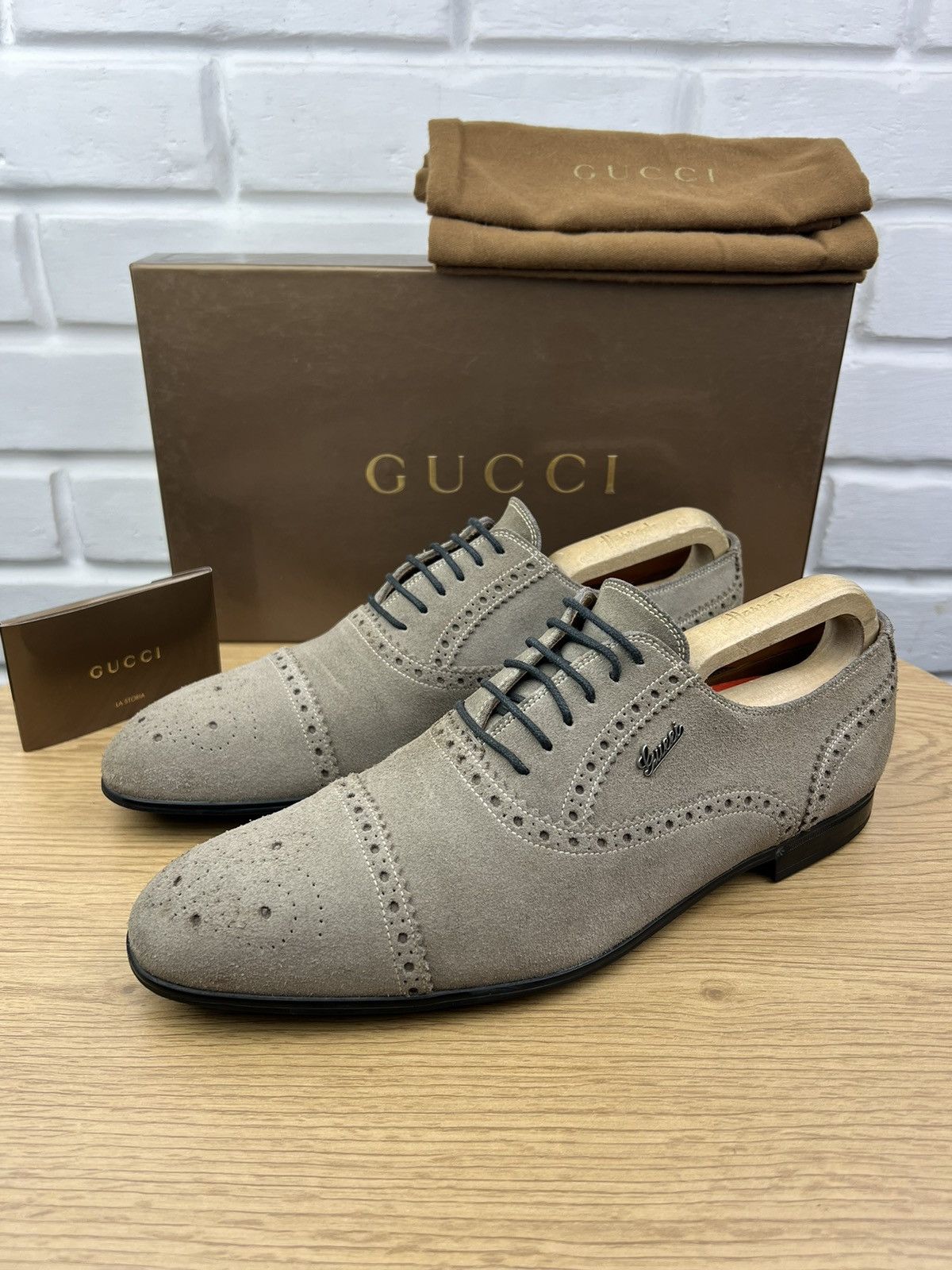 Gucci GUCCI Oxfords Suede Shoes Wingtip Lace Up Metal Logo Beige Size US 9.5 / EU 42-43 - 3 Thumbnail