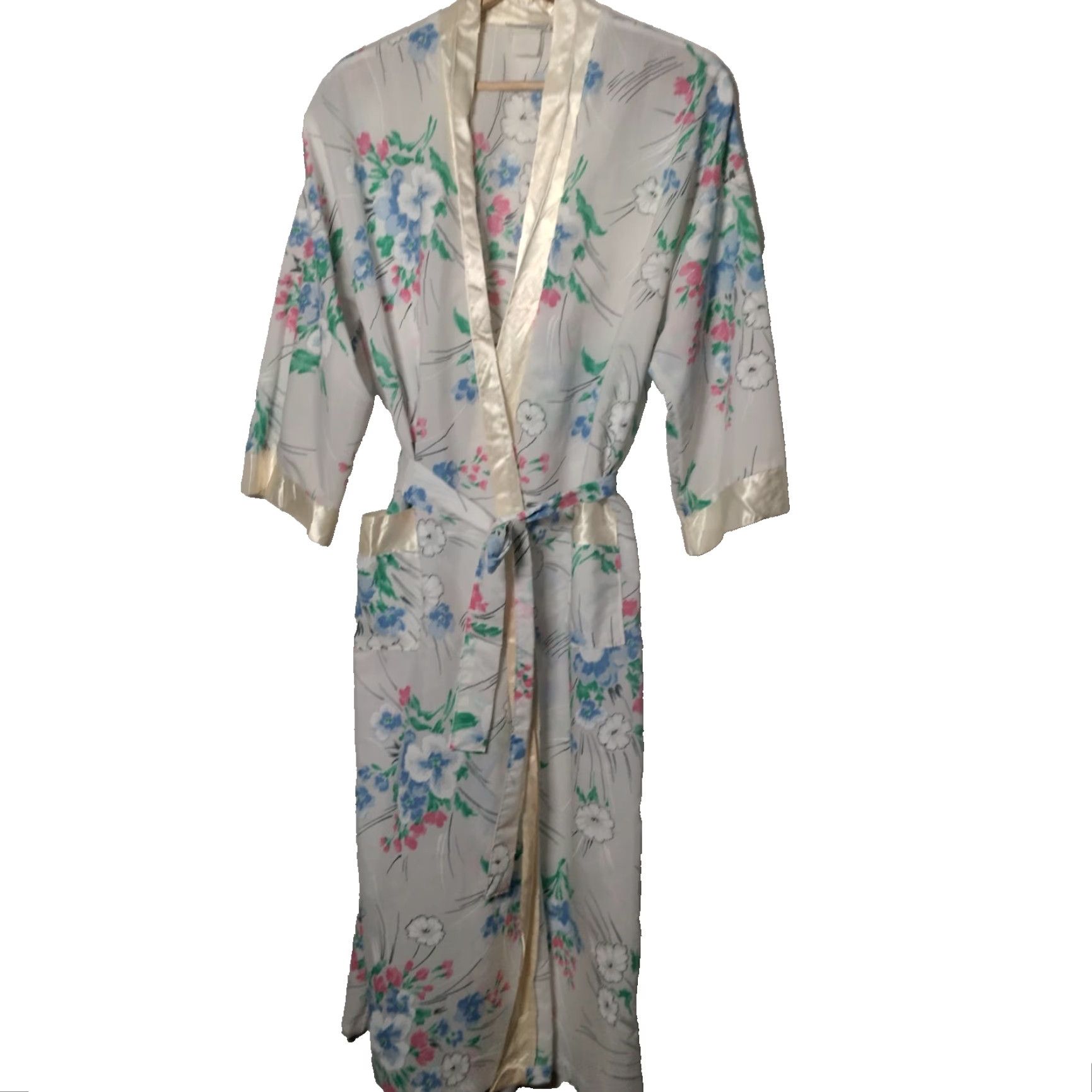 Vintage VINTAGE Appel Robe White Pastel Floral Satin Trim Belted Grannycore Cottage Open Neck Long Sleeve Cotton Blend Retro Size ONE SIZE - 2 Thumbnail