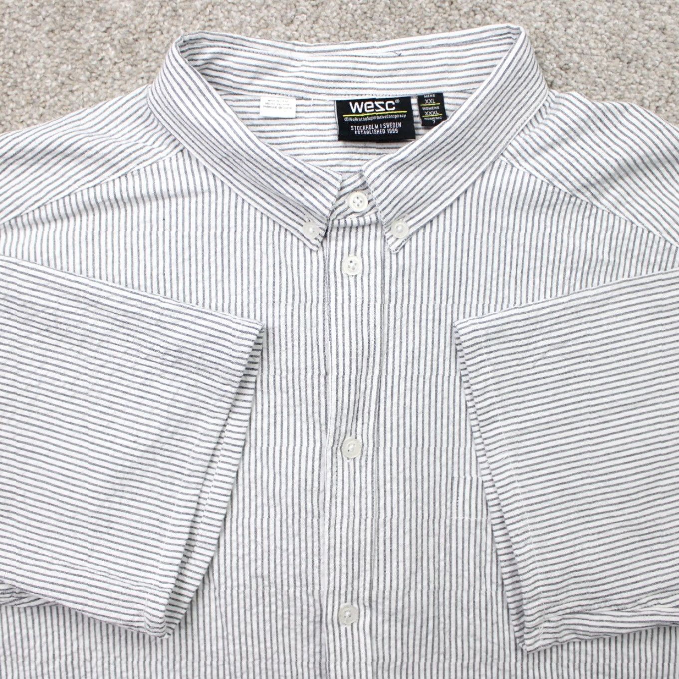 WeSC WESC Shirt Unisex Mens 2XL Womens 3XL White/Black Oden Seersucker Short Sleeve Button-Up Collared Casual Size XXL / US 16-18 / IT 52-54 - 2 Thumbnail