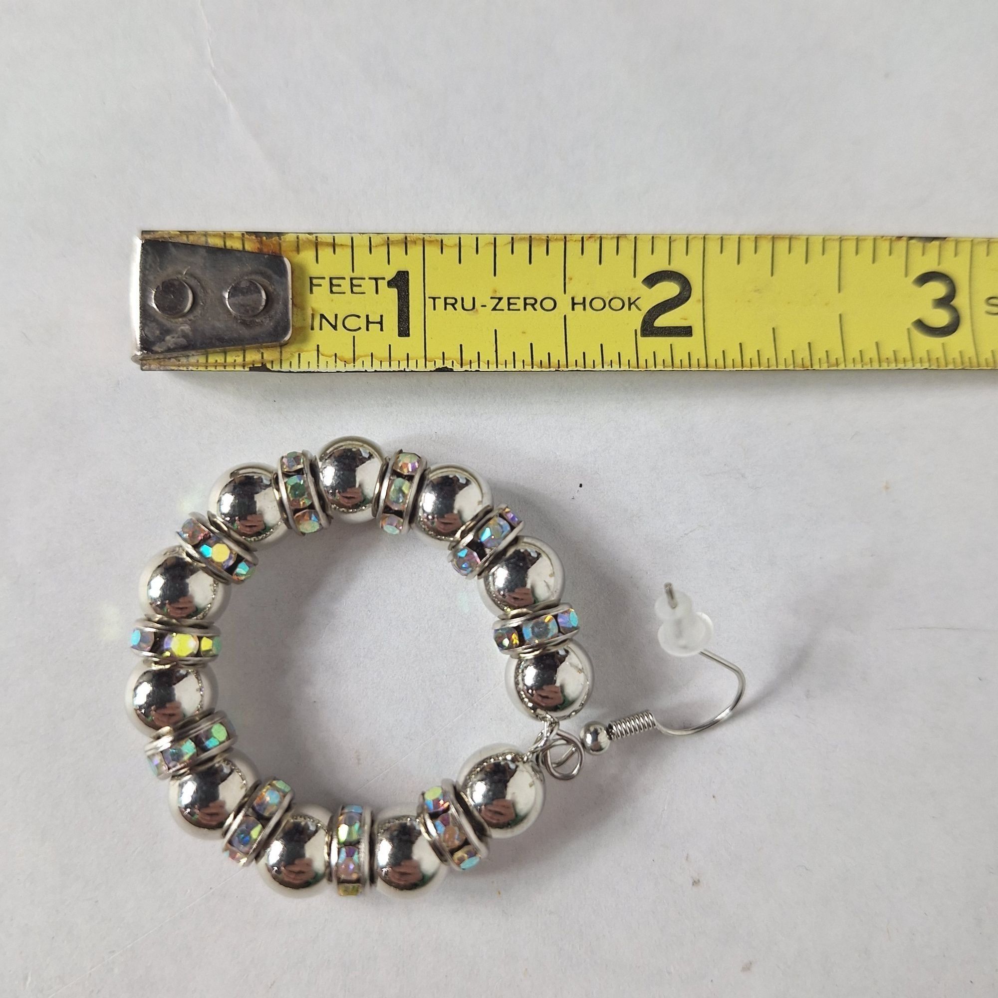 Other Silver Tone Beaded Hoop Earrings Iridescent Rhinestone Disco Size ONE SIZE - 3 Thumbnail
