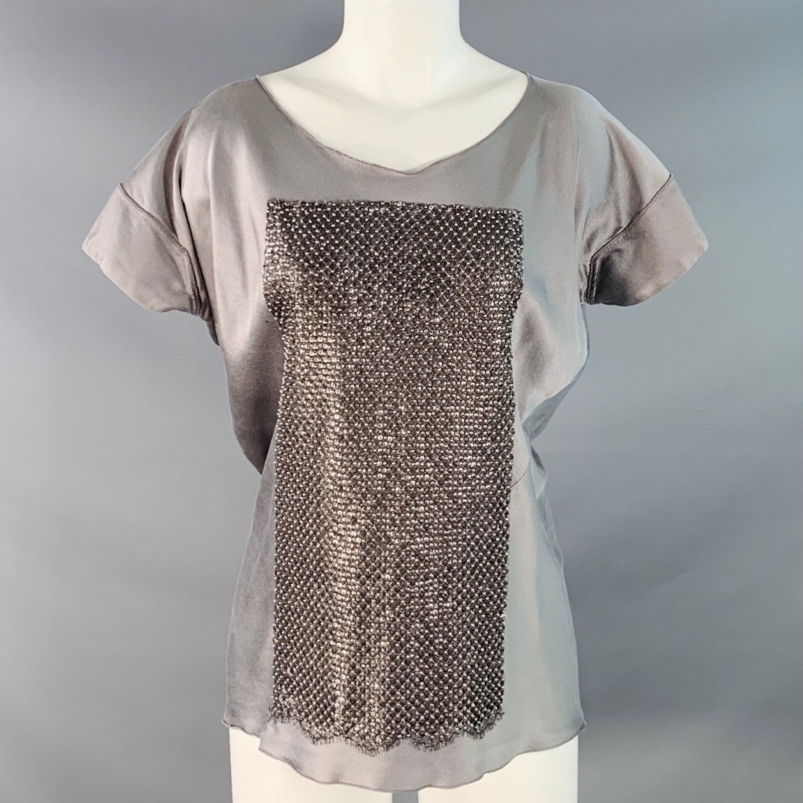 Other JES WADE Silver Satin Sequined Beaded Scoop Neck Casual Top Size S / US 4 / IT 40 - 1 Thumbnail