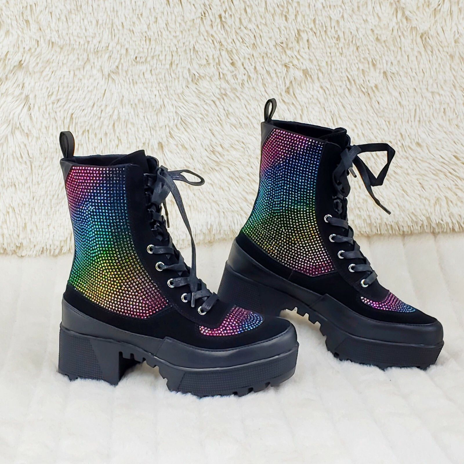 Other Diva Shine Rainbow Rhinestone Lace Up Platform Combat Ankle Size US 8.5 / IT 38.5 - 6 Thumbnail