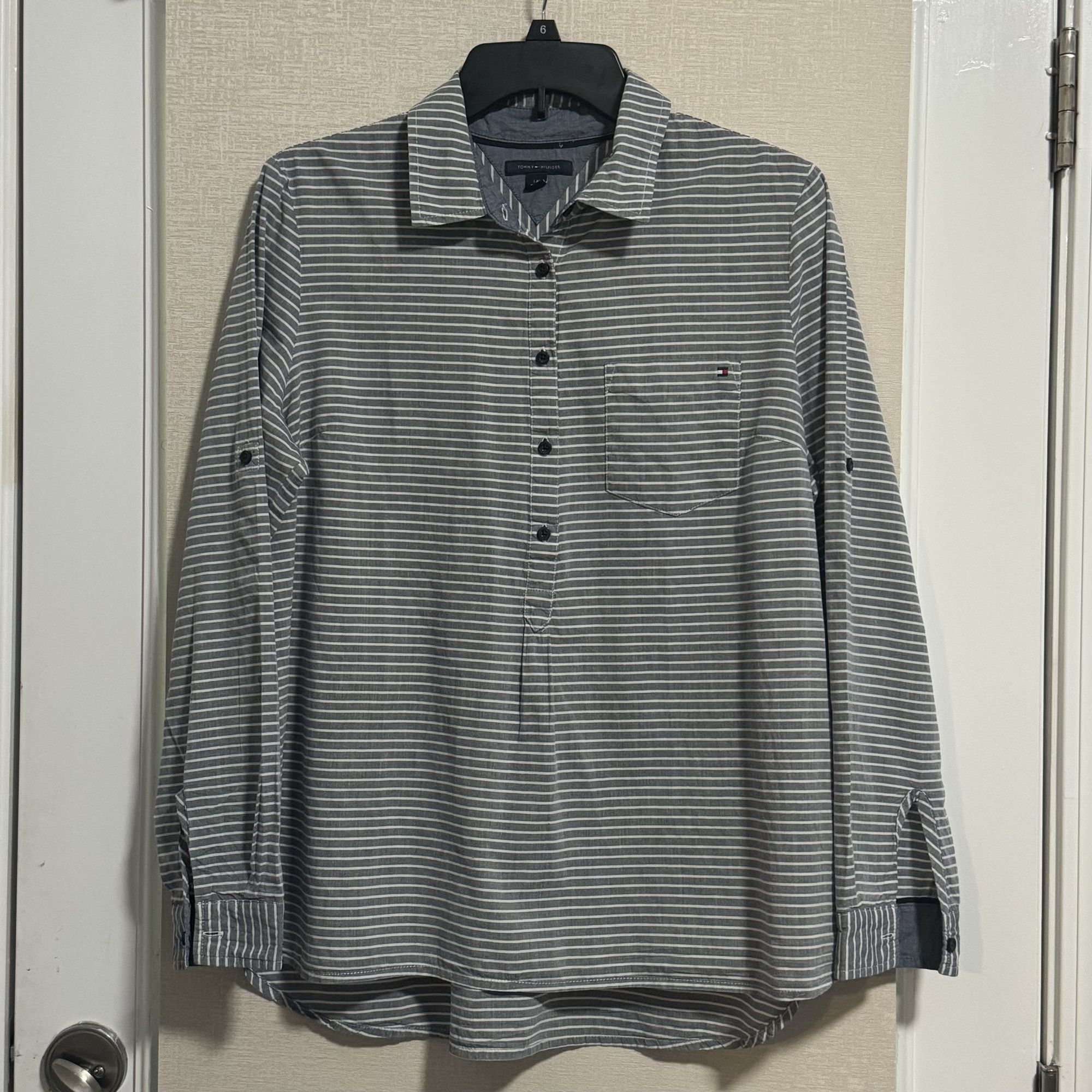 Tommy Hilfiger Tommy Hilfiger Gray Striped 3/4 Popover Women's Blouse Large Size L / US 10 / IT 46 - 5 Thumbnail