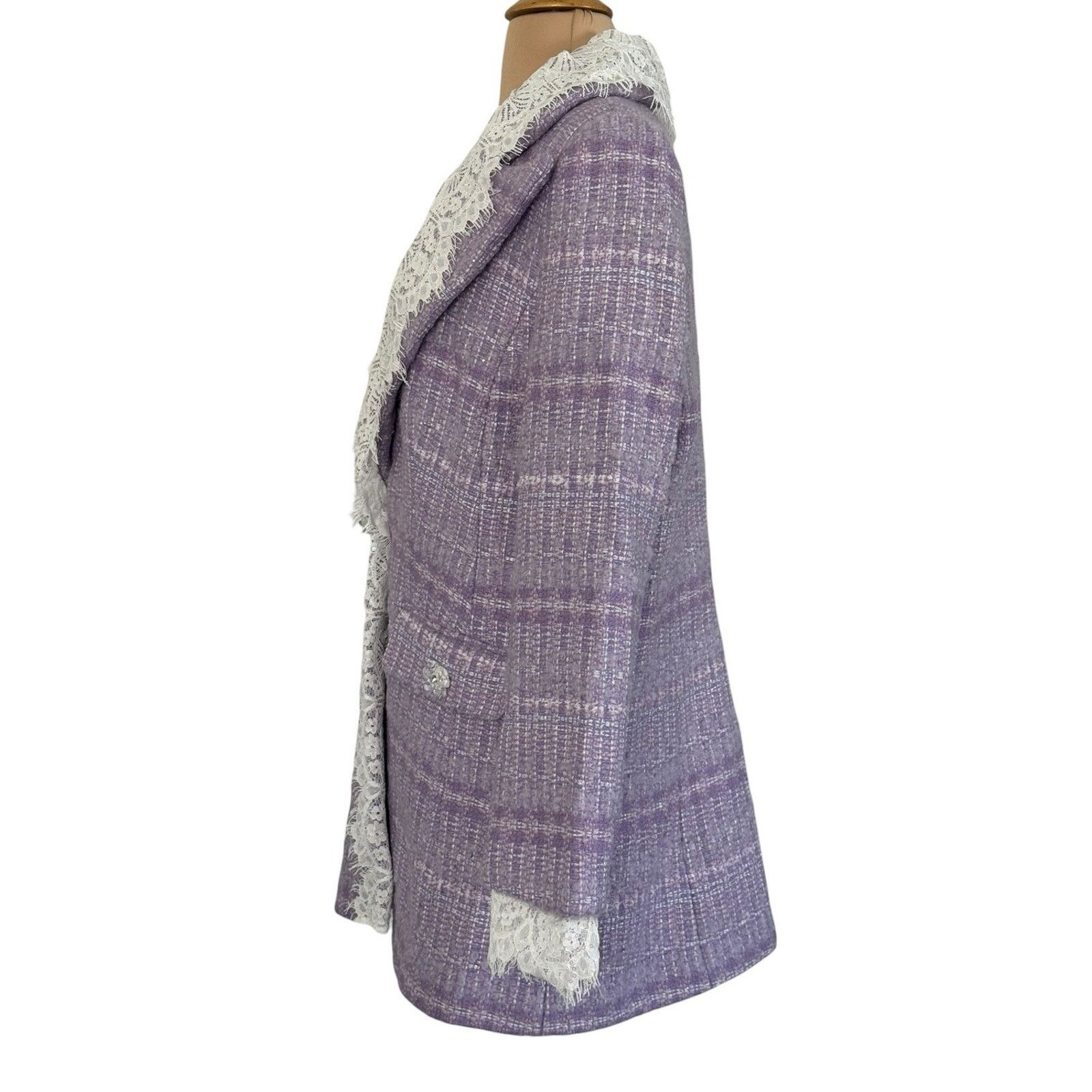 Other MARIE ELIE Lavender Tweed Wool Lace Designer Blazer Metallic Size L / US 10 / IT 46 - 10 Thumbnail