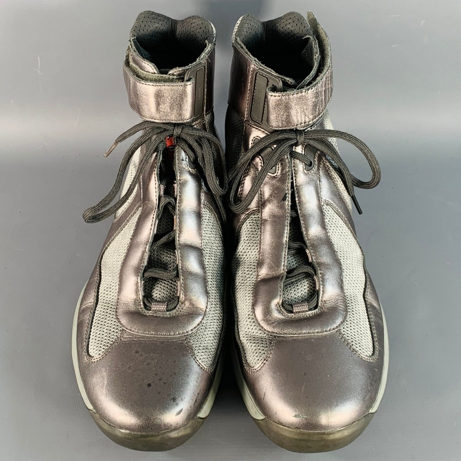 Prada America's Cup Silver Leather Nylon Mesh Ankle Sneakers Size US 10.5 / EU 43-44 - 4 Thumbnail