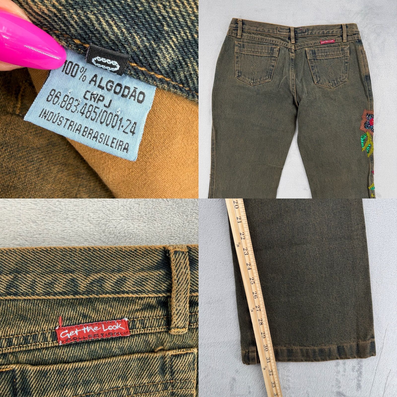 Olive VINTAGE Floral Embroidered Sequin Tinted Wash Flare Jeans Olive Brown Size 6 Size 28" / US 6 / IT 42 - 9 Thumbnail