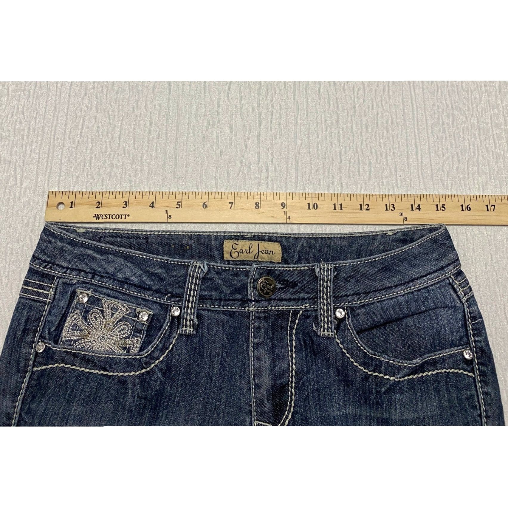 Vintage Earl Jean Jeans Bootcut Women's 4 Blue Embroidered Rhinestone Pockets Slim Stretch Distressed 5-Pocket Denim Mid Rise Inseam 30 Size 27" / US 4 / IT 40 - 6 Thumbnail