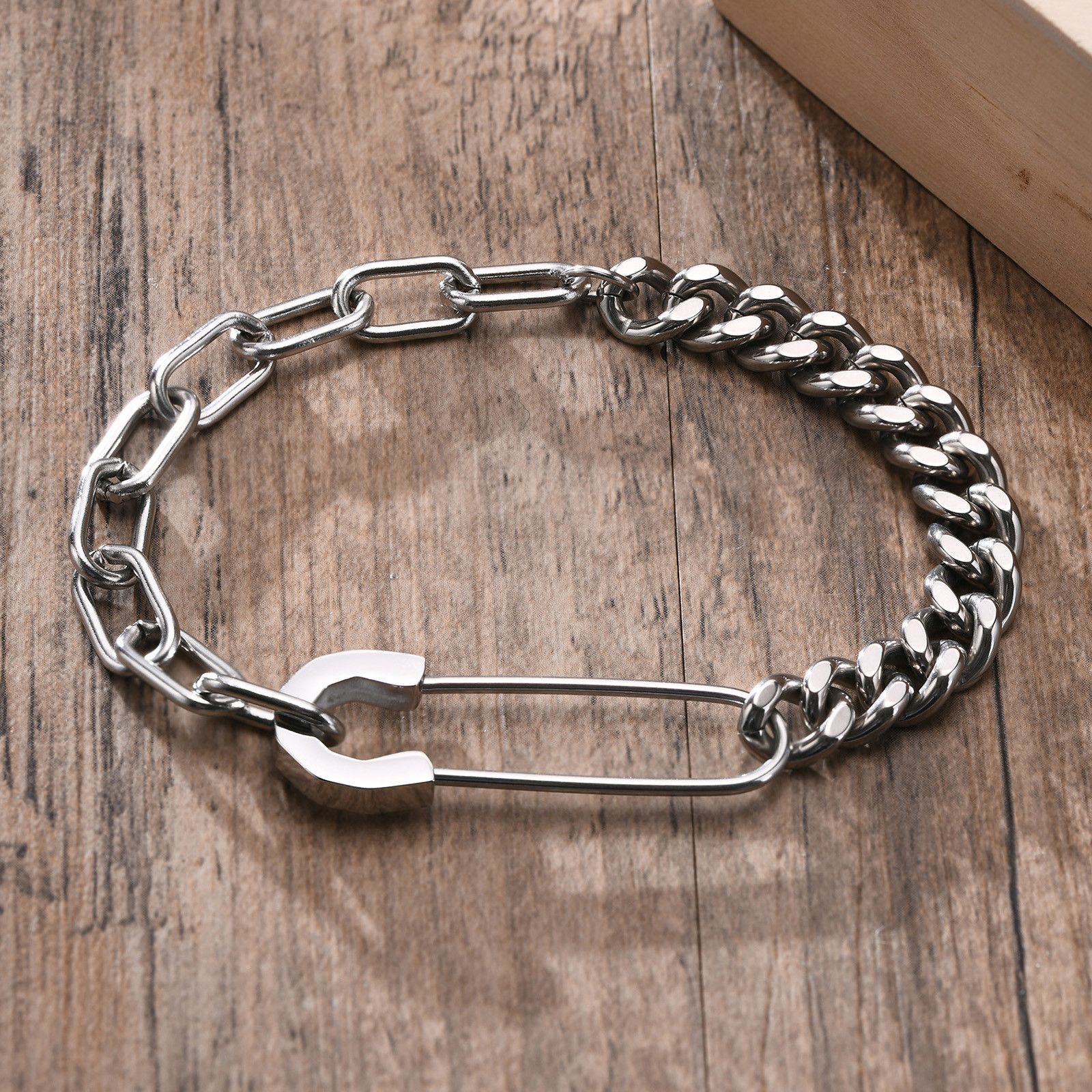Jewelry x Vintage Stainless Steel Bracelet Safety Pin Half Cuban Chain in Silver, Men's
