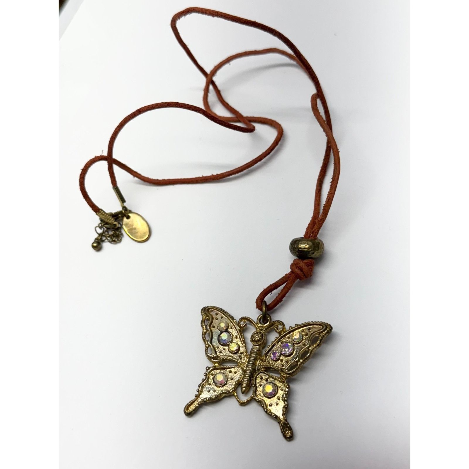 Vintage Suede rhinestone butterfly pendant necklace Size ONE SIZE - 3 Thumbnail
