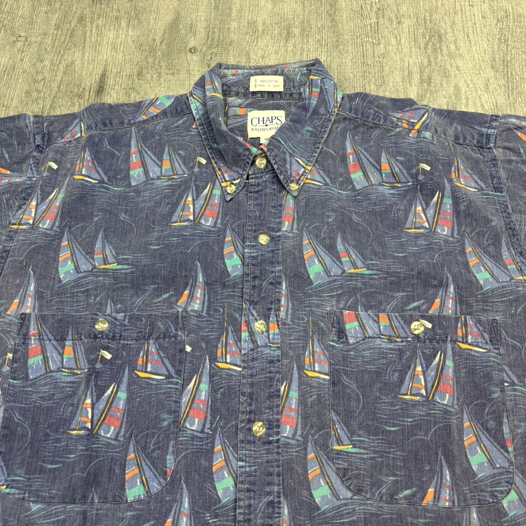 Chaps VINTAGE CHAPS RALPH LAUREN Button-Down Shirt Short Sleeve Sailboat Print Mens M Blue Size US M / EU 48-50 / 2 - 2 Thumbnail