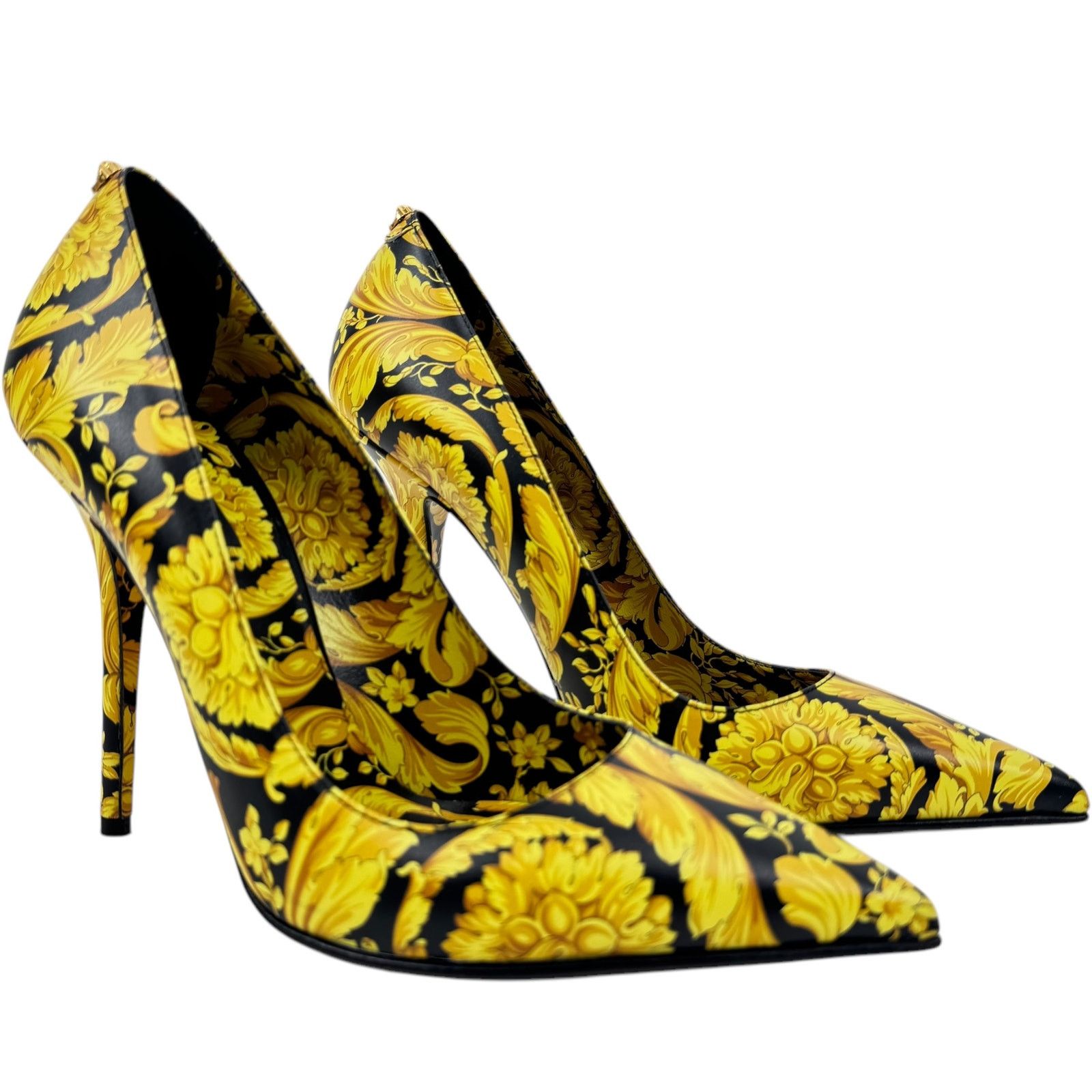 Versace Borocco Medusa Leather Heel Shoes Pointed Toe Printed in Black, Women's (Size 9.5)