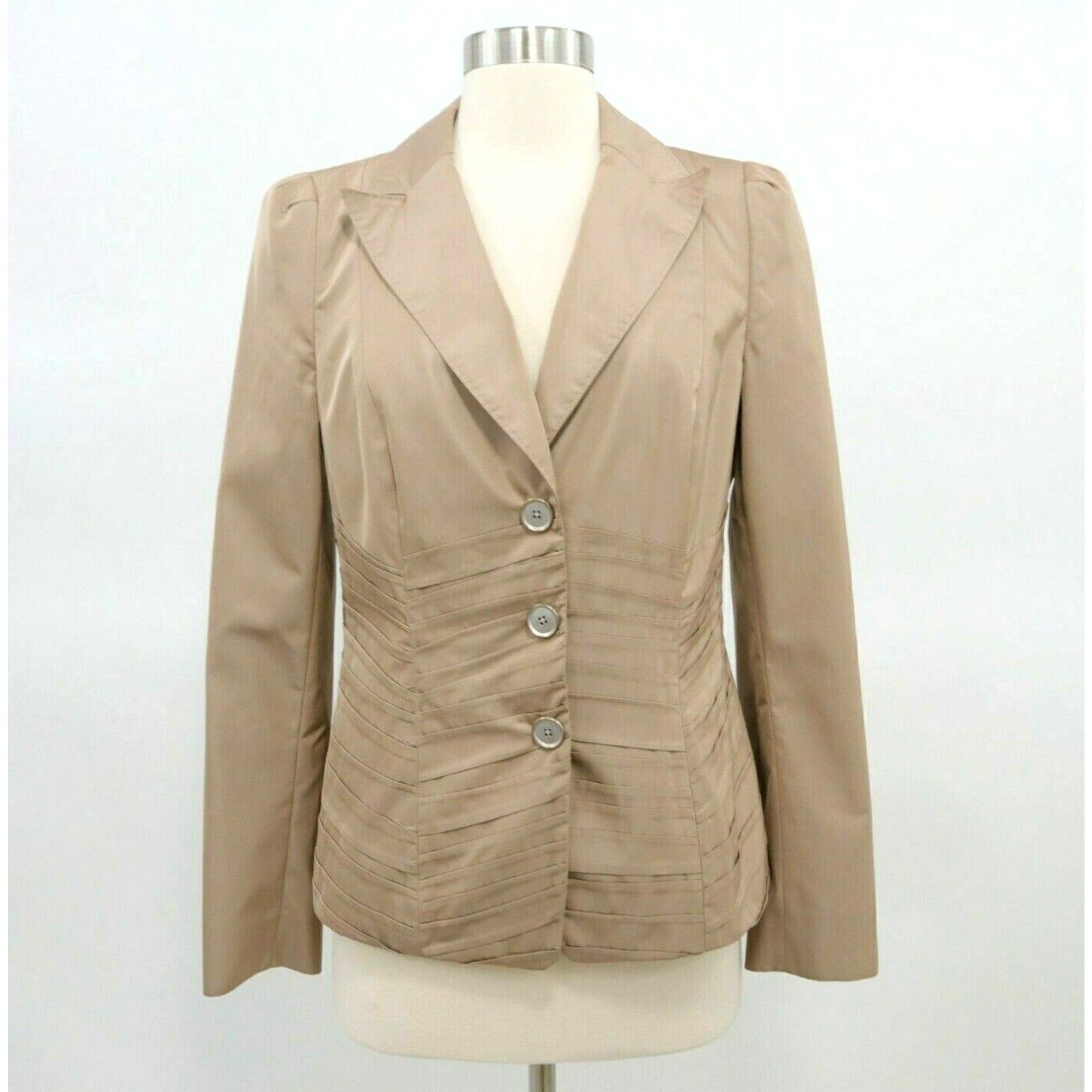 image of Vintage Rena Lange Blazer Jacket Womens 8 Beige Khaki Fitted Pleated Career in White (Size Medium)