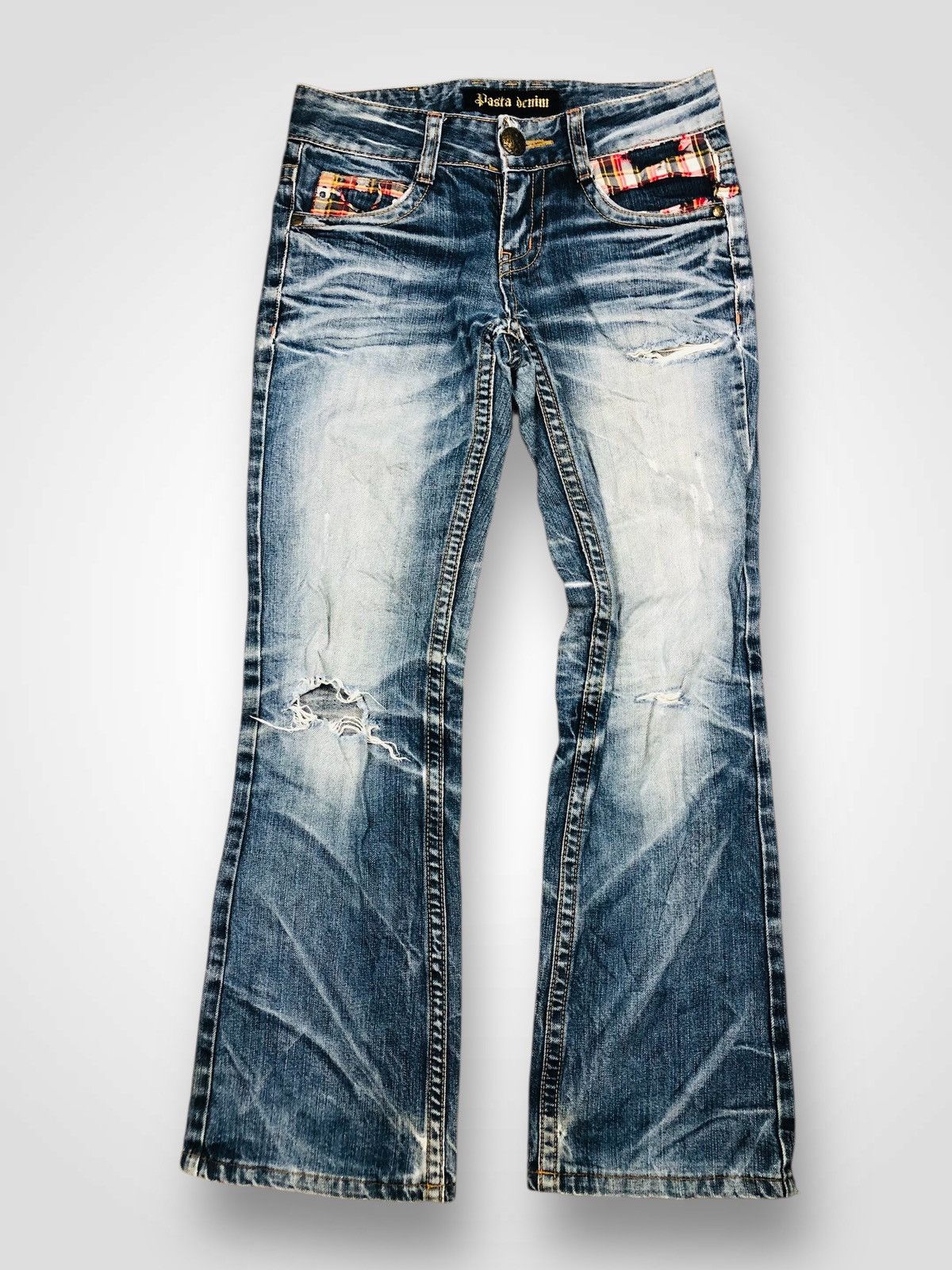 If Six Was Nine Pasta Denim Bootcut Distressed Jeans Plaid Patches (40) Size 26" / US 2 / IT 38 - 1 Thumbnail
