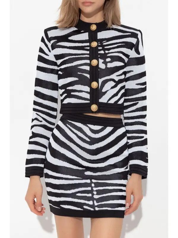 Balmain o1s1wg111225 Zebra Print Cardigan in Black/White Size L / US 10 / IT 46 - 3 Thumbnail