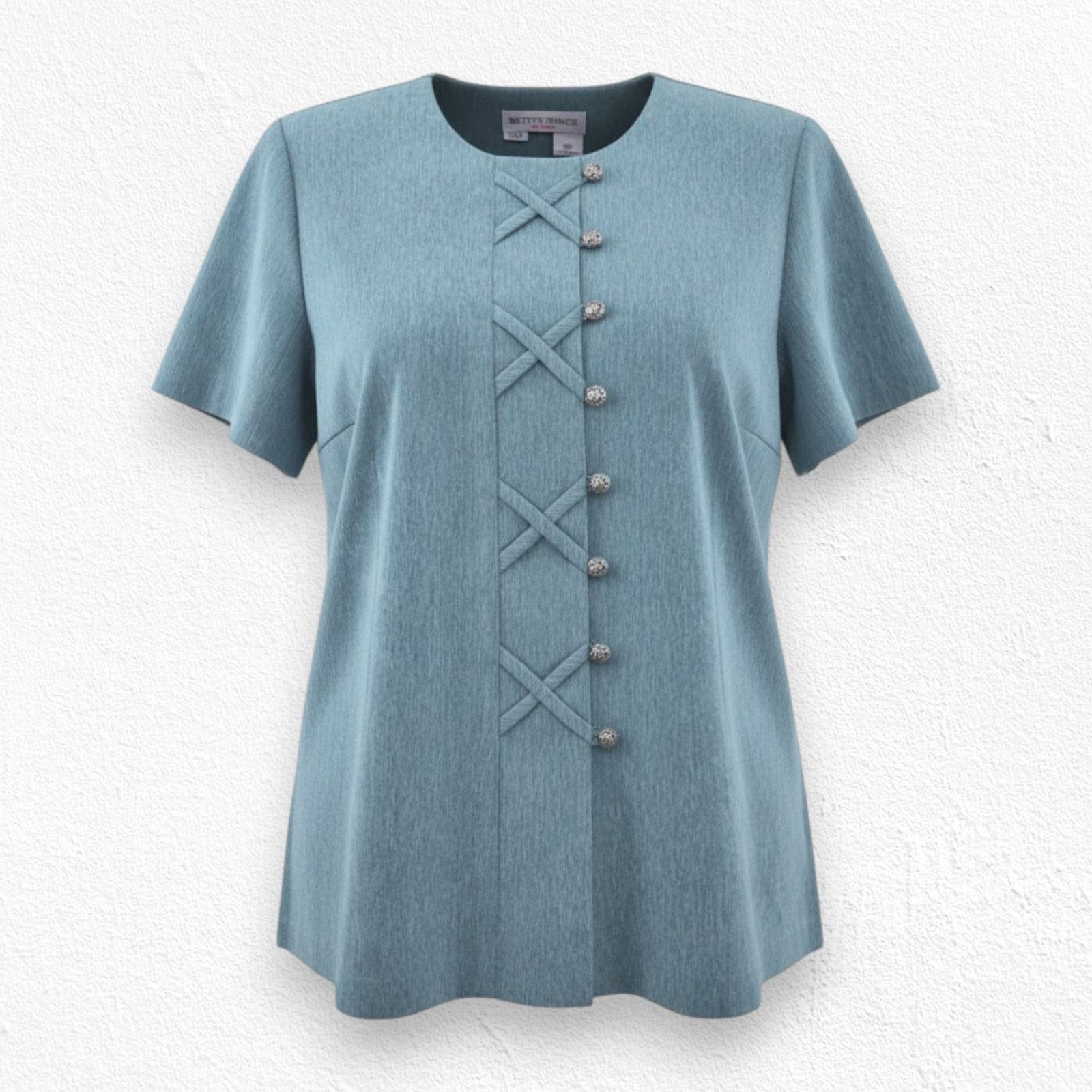 Vintage 1990s Teal Short Sleeve Silver Button Front Blouse Size 16P Size XXL / US 16-18 / IT 52-54 - 1 Thumbnail