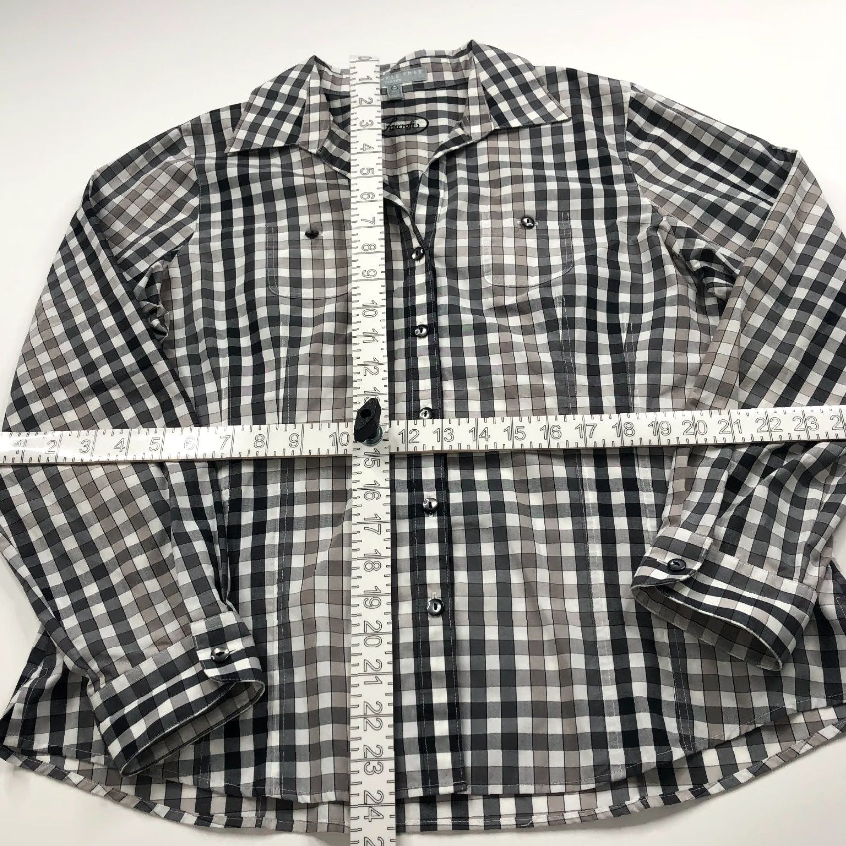 Vintage Foxcroft Shirt Gray Plaid Long Sleeve V-Neck Fitted Wrinkle Free 14P Button-Up Womens Petite Casual" Size XL / US 12-14 / IT 48-50 - 3 Thumbnail