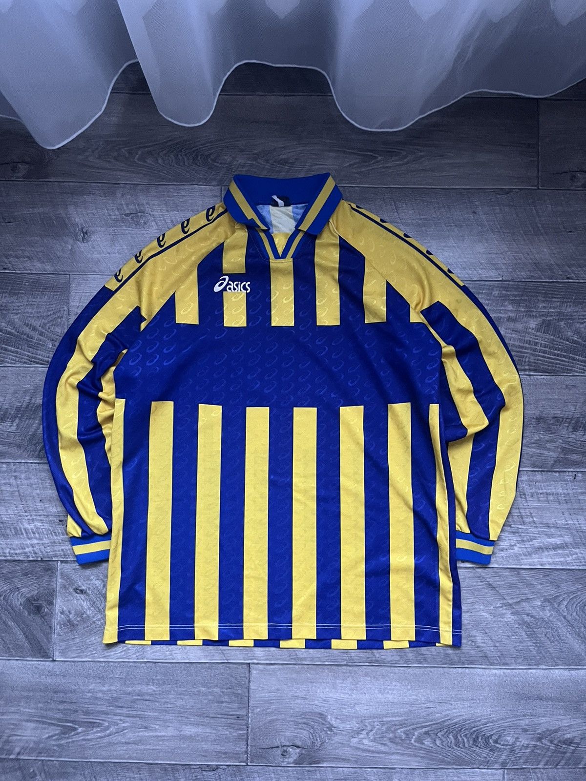 Asics Vintage Asics Monogram Longsleeve Jersey Yellow/Blue Size US XL / EU 56 / 4 - 1 Thumbnail