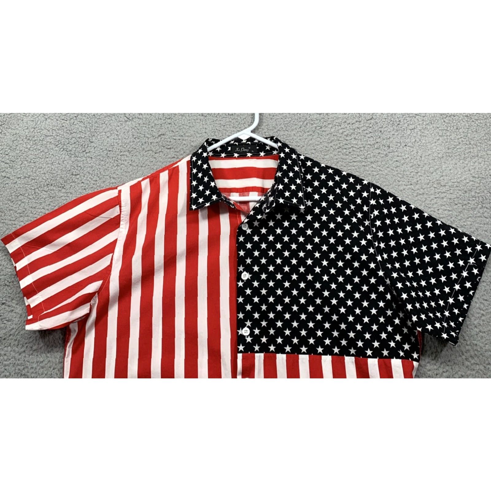 Vintage Xi Peng Women’s Button Shirt XL USA Flag Red White Blue 100% Cotton Blouse Short Sleeve Collared Size XL / US 12-14 / IT 48-50 - 2 Thumbnail