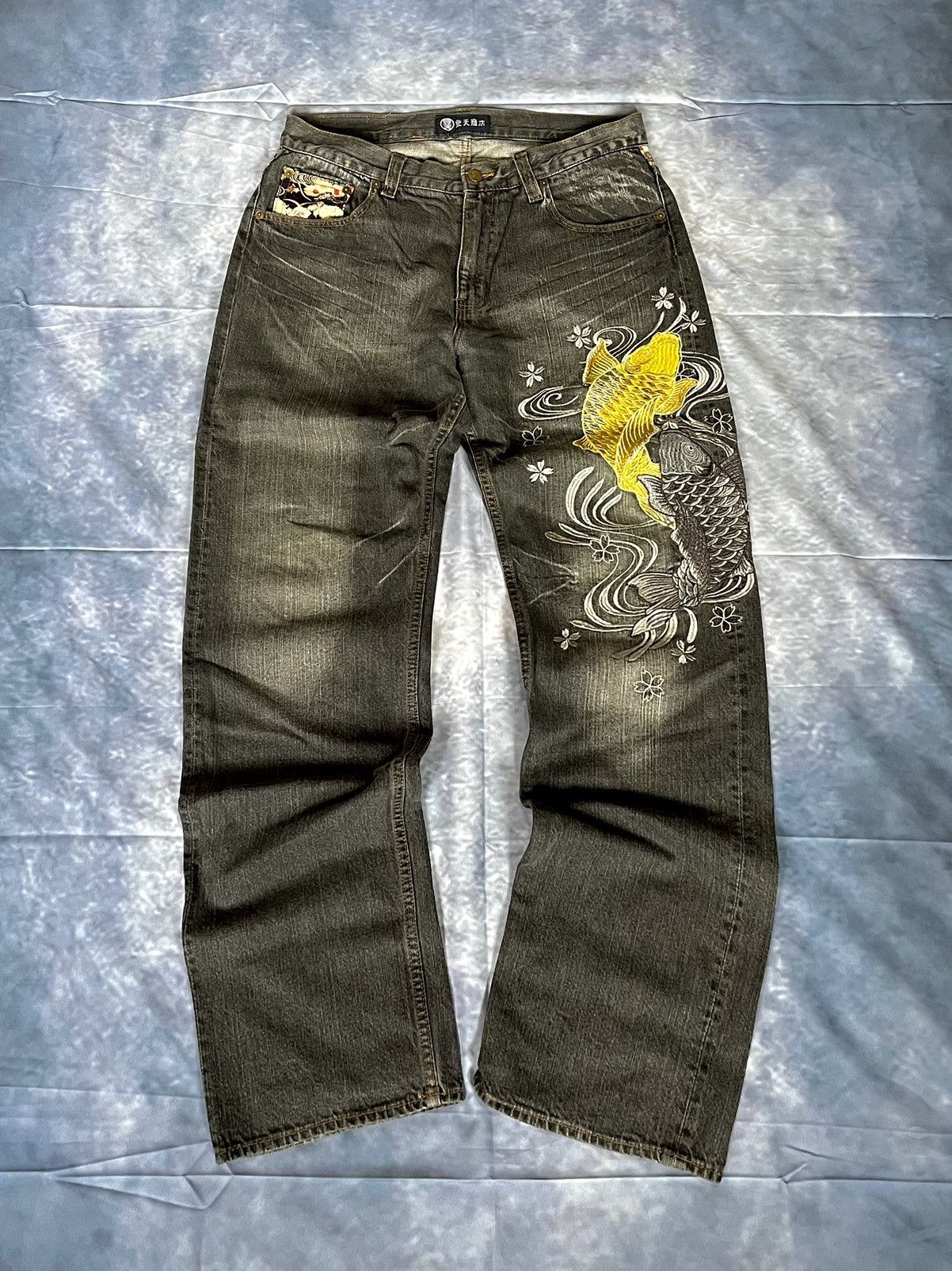 Japan Blue Japan Blue Y2K 2000s Jeans – Yellow Koi Fish Embroidery Size US 34 / EU 50 - 3 Thumbnail