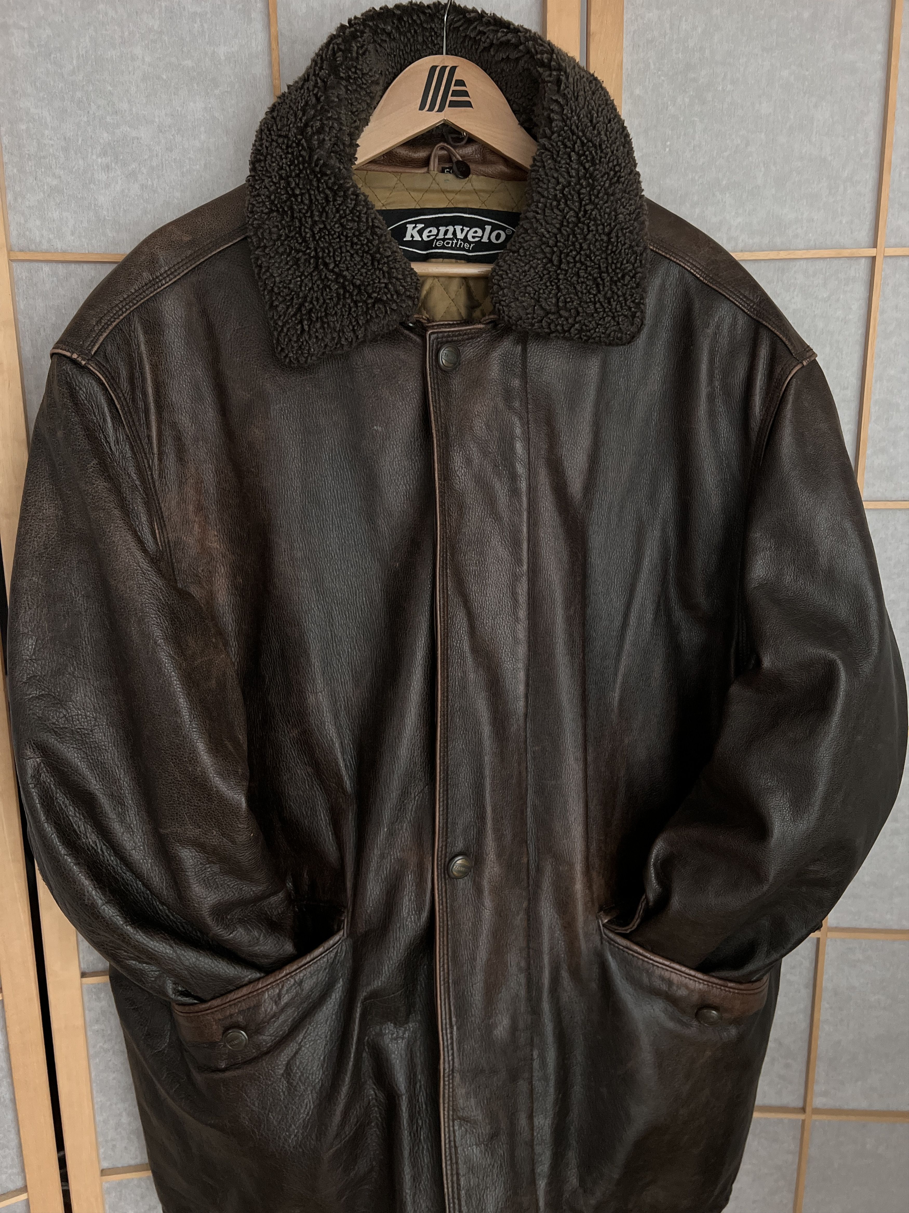 Other Crazy fit! VTG 90s Leather long hard coat jacket fur collar Size US XL / EU 56 / 4 - 20 Thumbnail