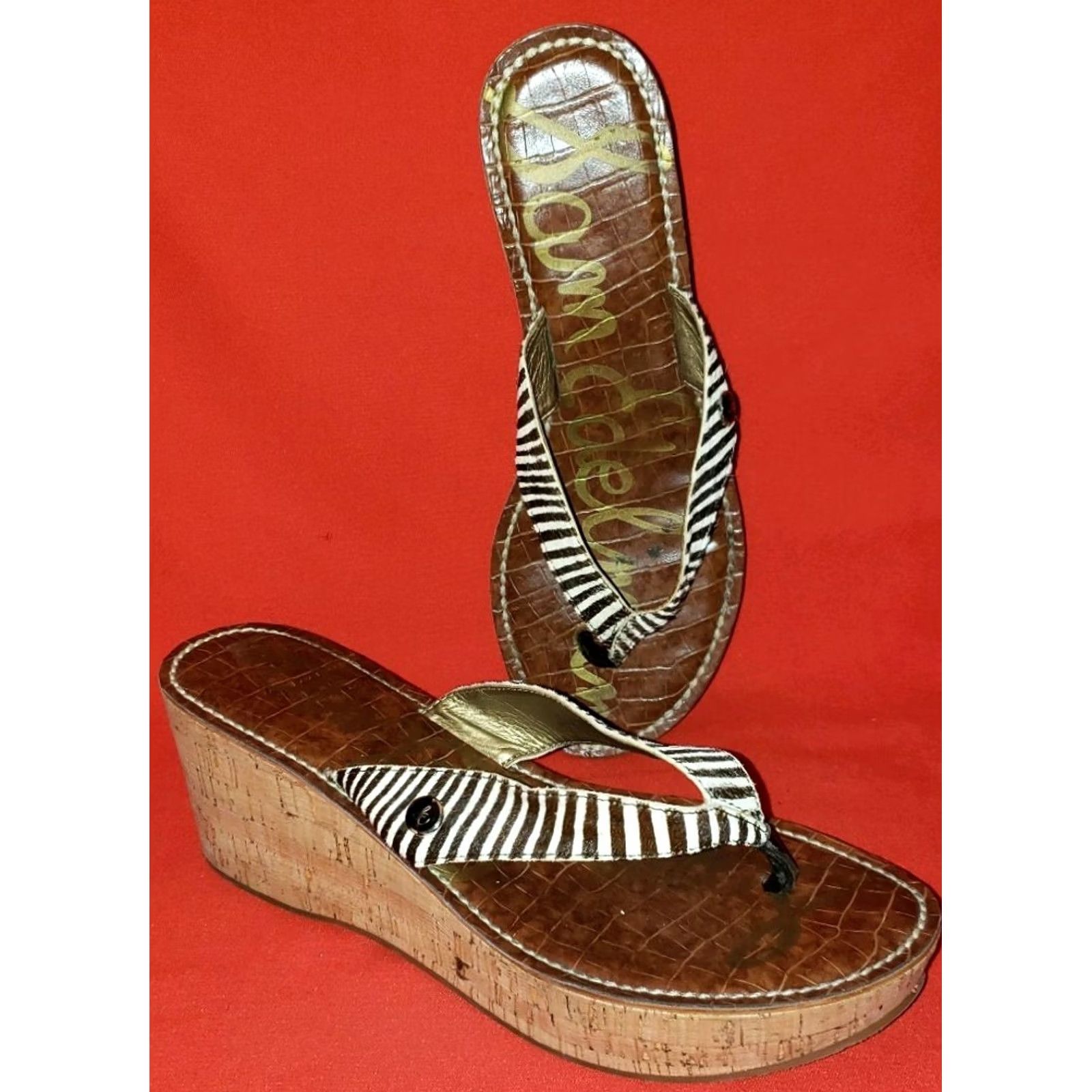 Sam Edelman Sam Edelman Toe Post Slide Wedge Sandal US 10M White Brown Striped Cork Wedge Womens Size US 10 / IT 40 - 3 Thumbnail